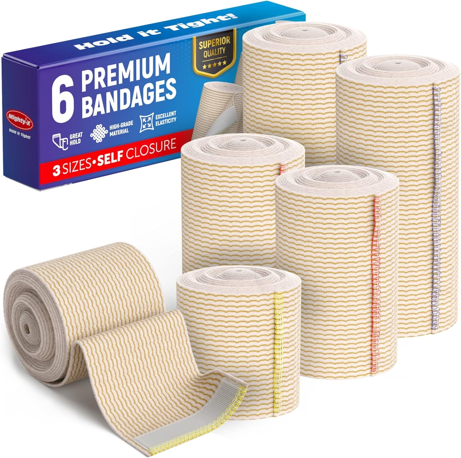 Premium Elastic Bandage Wrap with Self-Closures - 6 pk (2x2”, 2x3", 2x4") - Compression Bandage Wrap