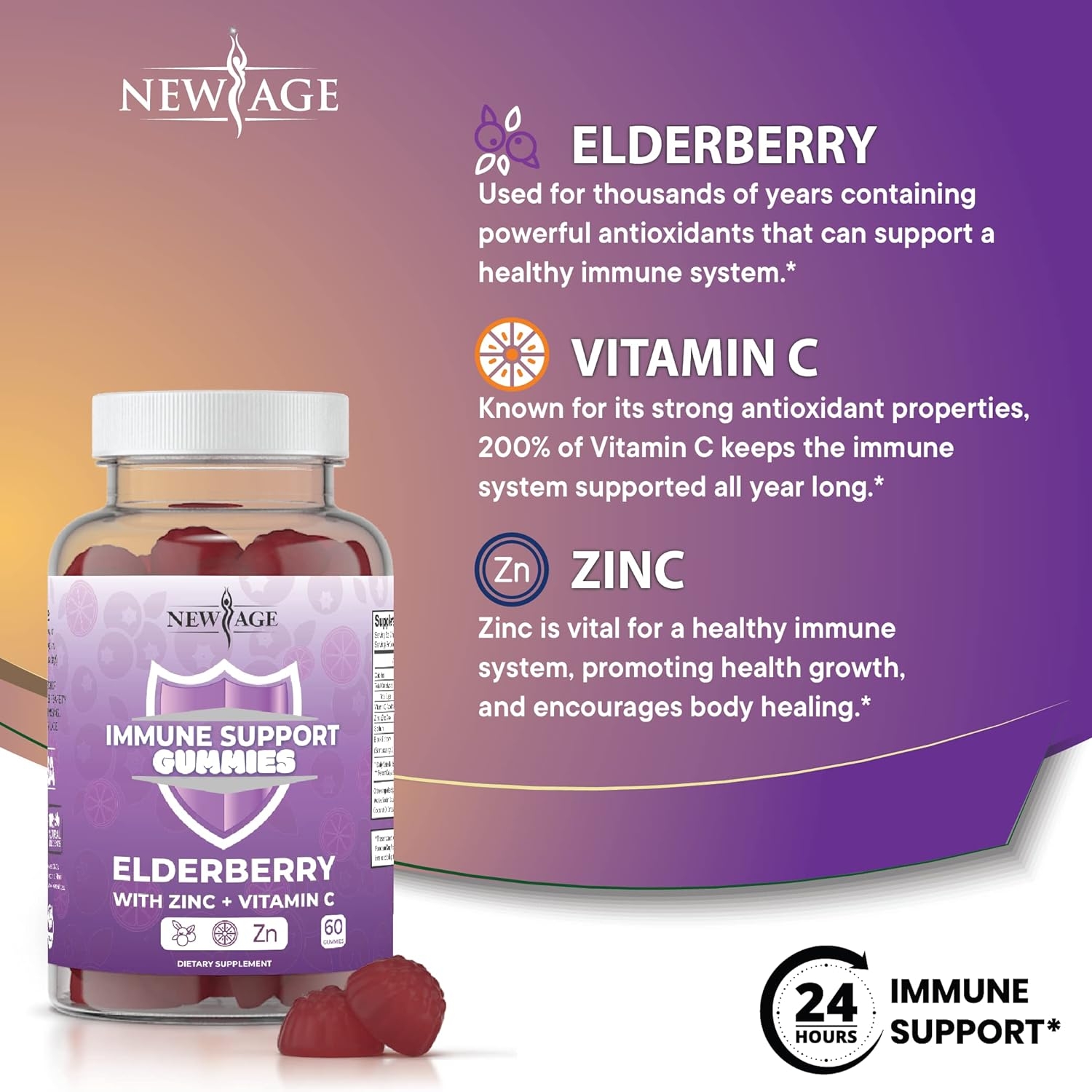 New Age Immune System Support Gummies - Sambucus Black Elderberry Gummies with Vitamin C and Zinc - All Natural Immunity Gummies - 60 Count (1 Pack 60 Count)