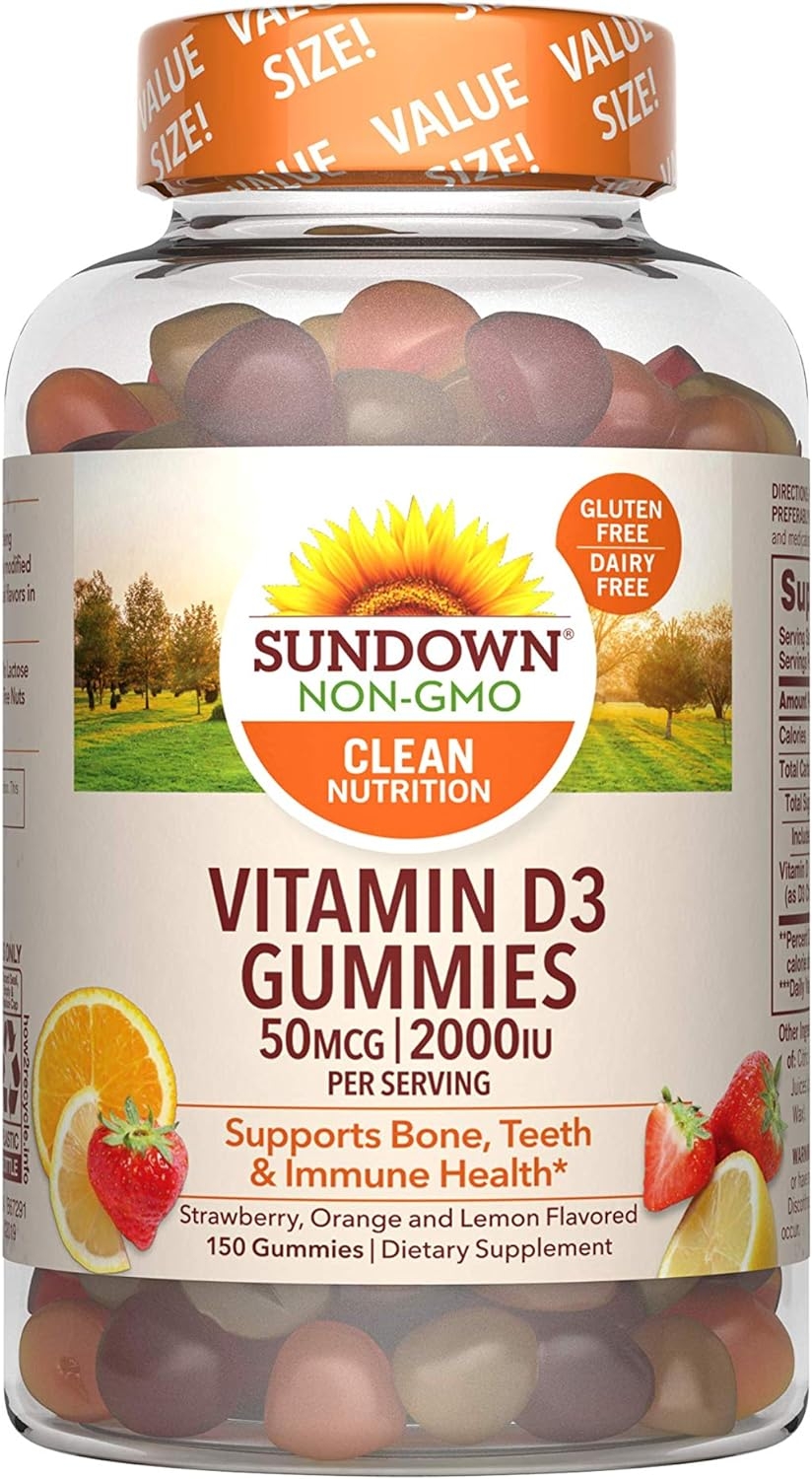 Sundown Vitamin D3 50mcg 2000IU Gummies for Immune Support, Non-GMO, Dairy-Free, Gluten-Free, Naturally Flavored, 90 Count