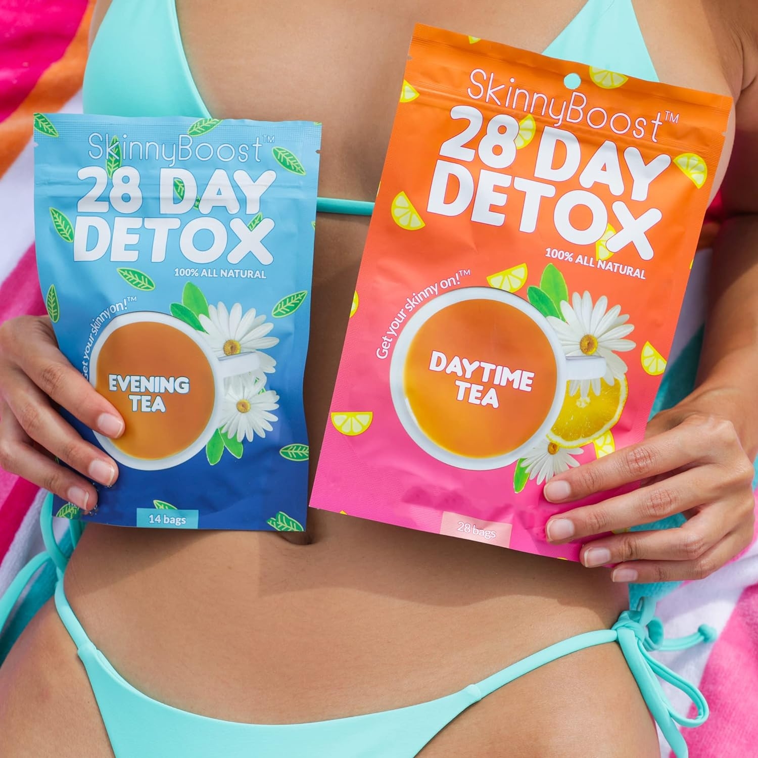 SkinnyBoost 28 Day Detox Tea Kit-1 Daytime Tea (28 Bags) 1 Evening Detox Tea (14 Bags) Non GMO, Vegan, All Natural Detox and Cleanse