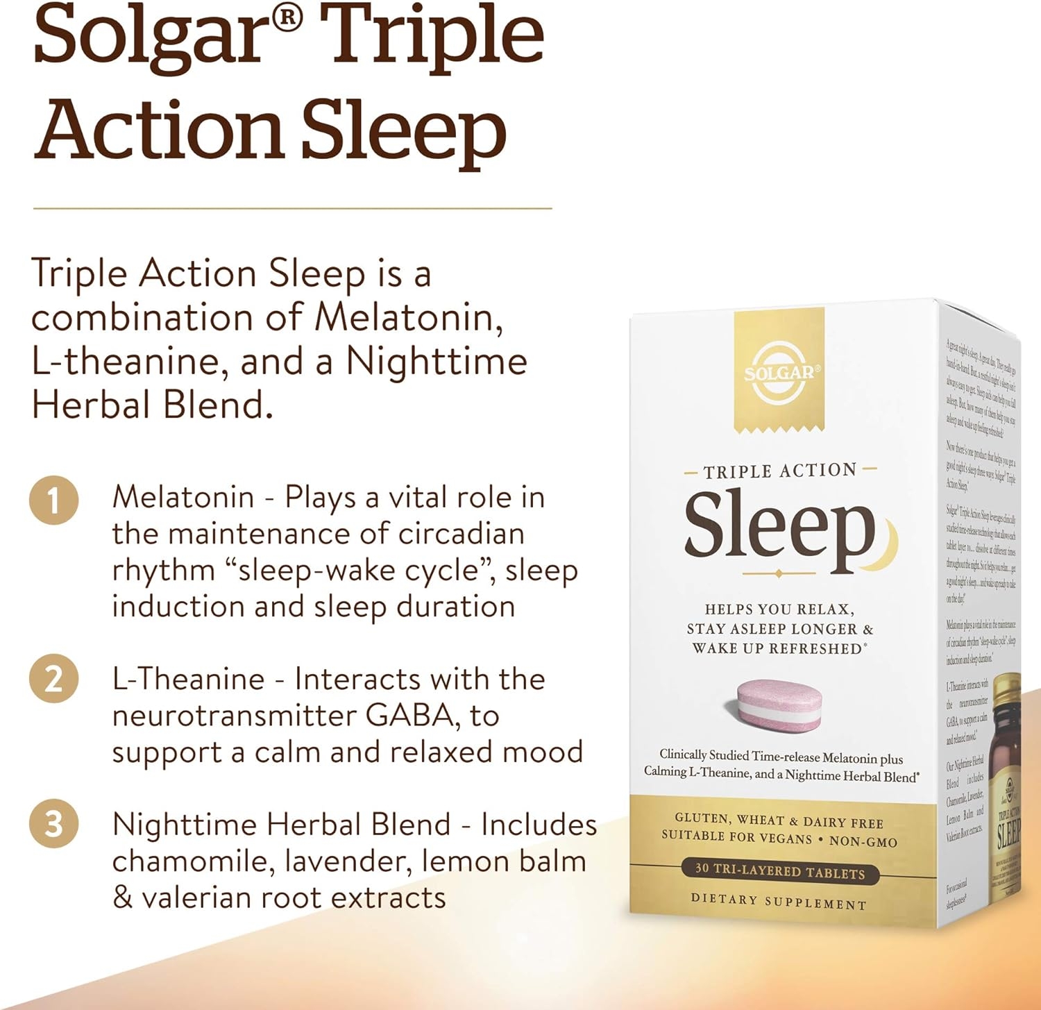 Solgar Triple Action Sleep, 30 Tri-Layer Tablets - Time-Release Melatonin & L-Theanine Plus Herbal Blend - Helps You Relax, Fall Asleep Fast - Non-GMO, Gluten Free - 30 Servings