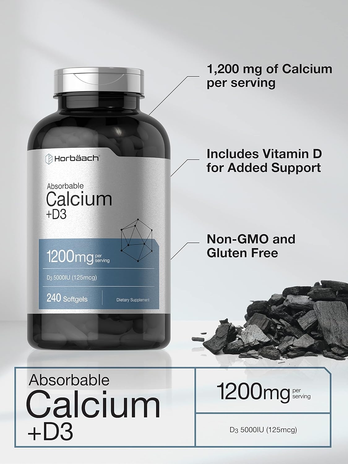 Calcium with Vitamin D3 | 1200 mg | 240 Softgels | 5000 IU Vitamin D3 | Absorbable Calcium Supplement | Non-GMO, Gluten Free Calcium Supplement | by Horbaach