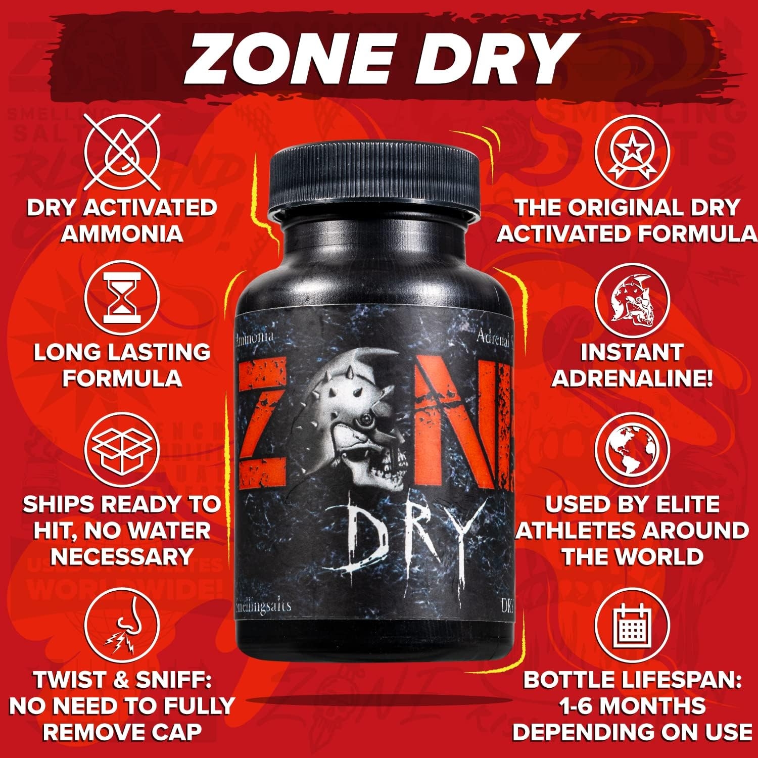 Zone Dry Smelling Salts Powerlifting Ammonia Inhalant Sniffing Salts Weightlifting Powerlifting Strongman - Ready to Use/Pre-Activated Crack and Sniff - Zone Dry
