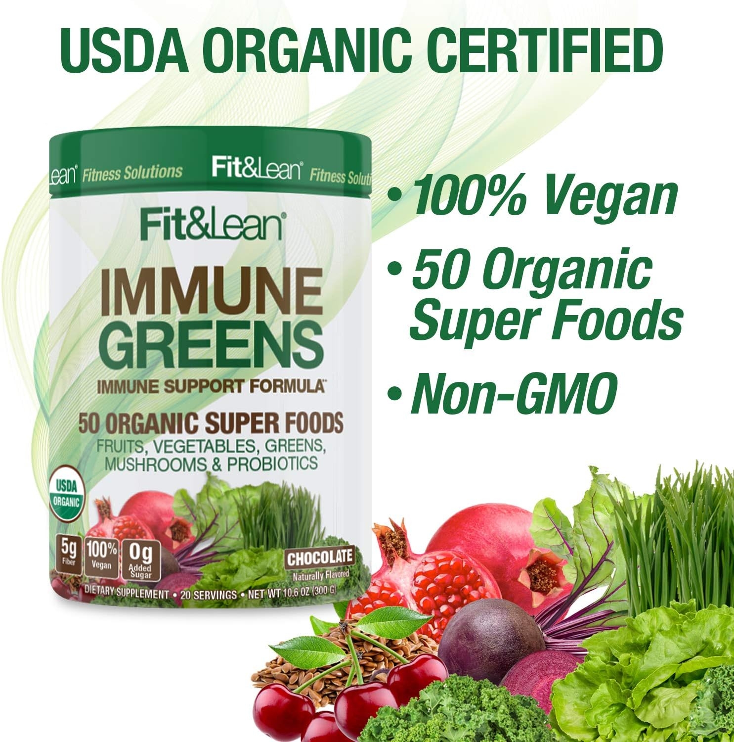 Fit & Lean Immune Greens Powder, Organic, Super Food, Non-gmo, Natural, Vegan Shake