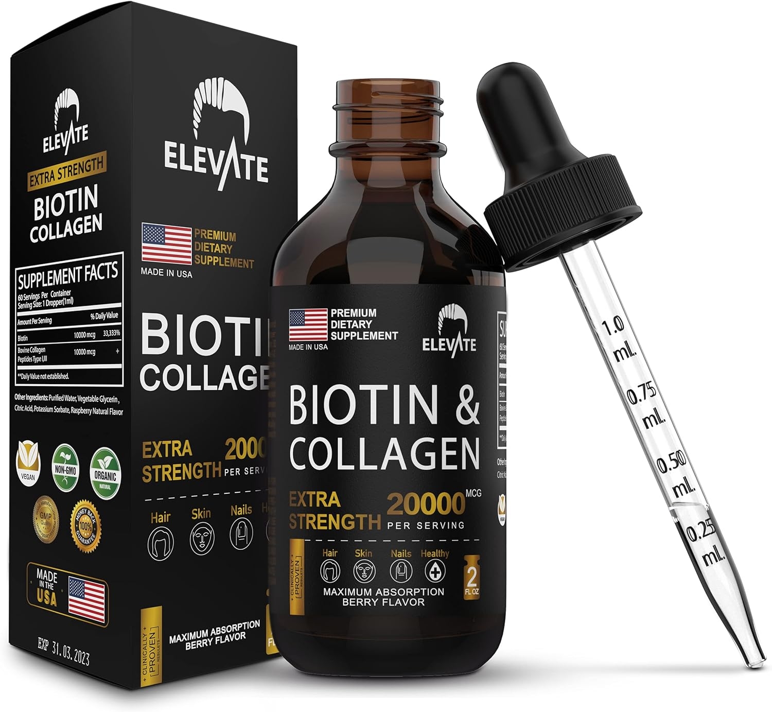 ELEVATE Biotin & Collagen Hair Growth Drops 20000mcg - Liquid Biotin 10000mcg & Collagen 10000mcg Natural Supplement for Best Absorption to Support Healthy Skin & Strong Nails - USA Made - Men & Women