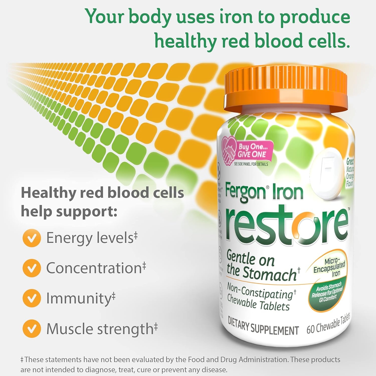 Fergon Iron Restore Chewable Tablets | 27mg of Iron, 150% RDV | Gentle Iron Supplement | Vegan | No Metallic Aftertaste | Replenish Iron Levels to Help Fight Fatigue and Boost Energy | 60 Tablets