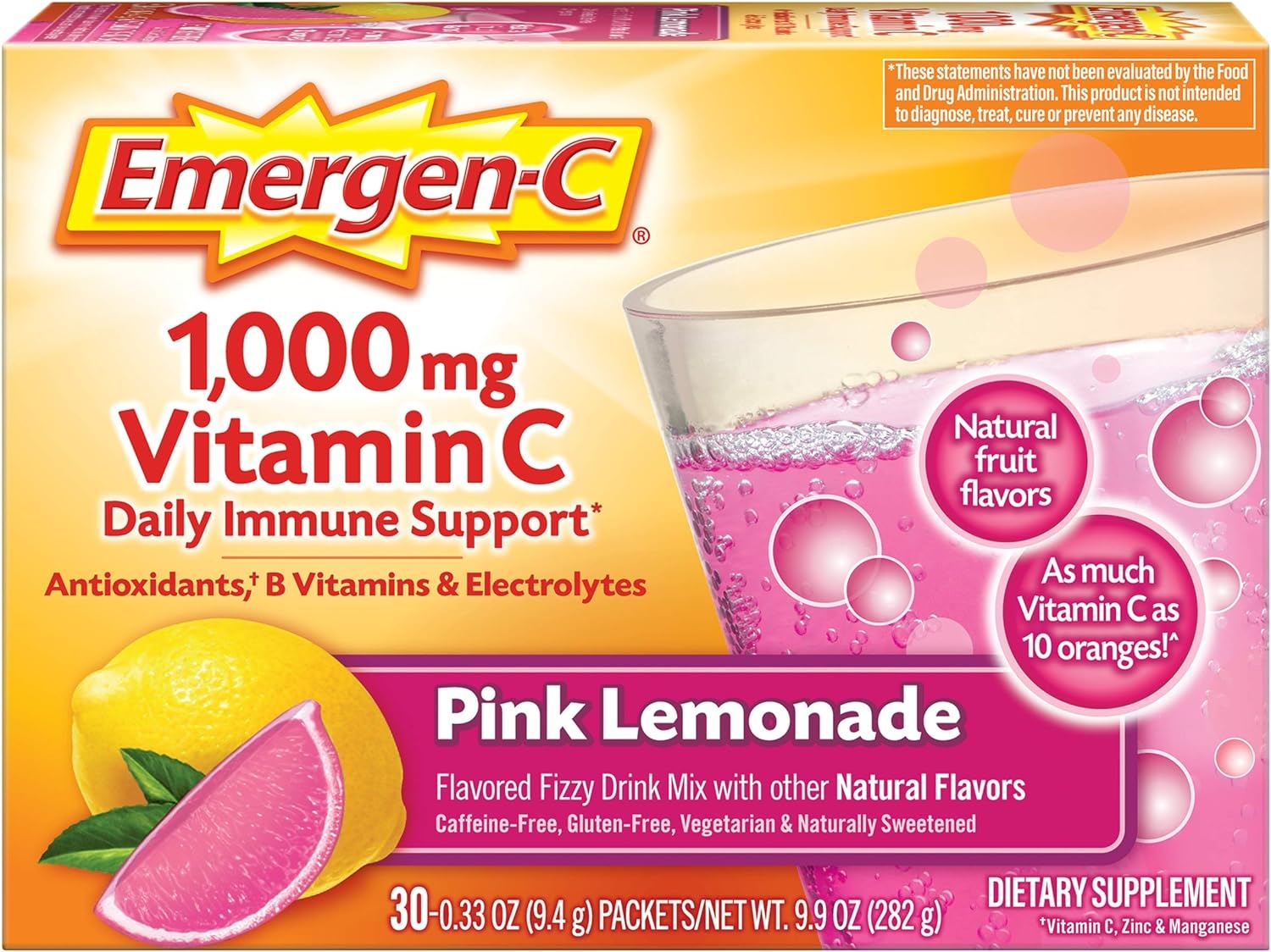Pink Lemonade Emergen C. Emergen-C 1000mg Vitamin C Powder, With Antioxidants, B Vitamins And Electrolytes, Immunity Supplements For Immune Support, Caffeine Free Fizzy Drink Mix, Pink Lemonade Flavor - 30 Count