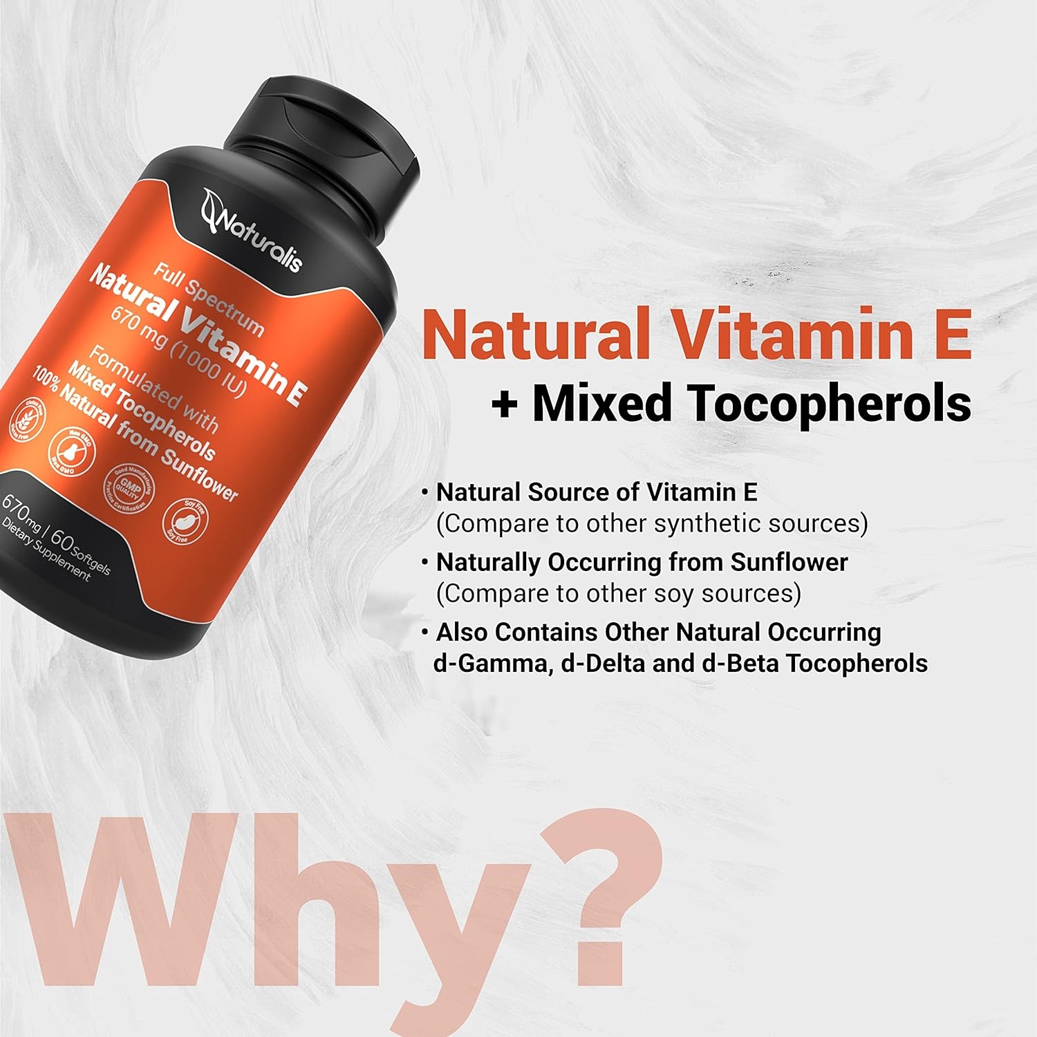 Naturalis Sunflower Vitamin E 670mg (1000 IU) with Mixed Tocopherols | Essential Skin Vitamin & Immune Support | Non-GMO, Soy & Gluten Free | 60 Softgels