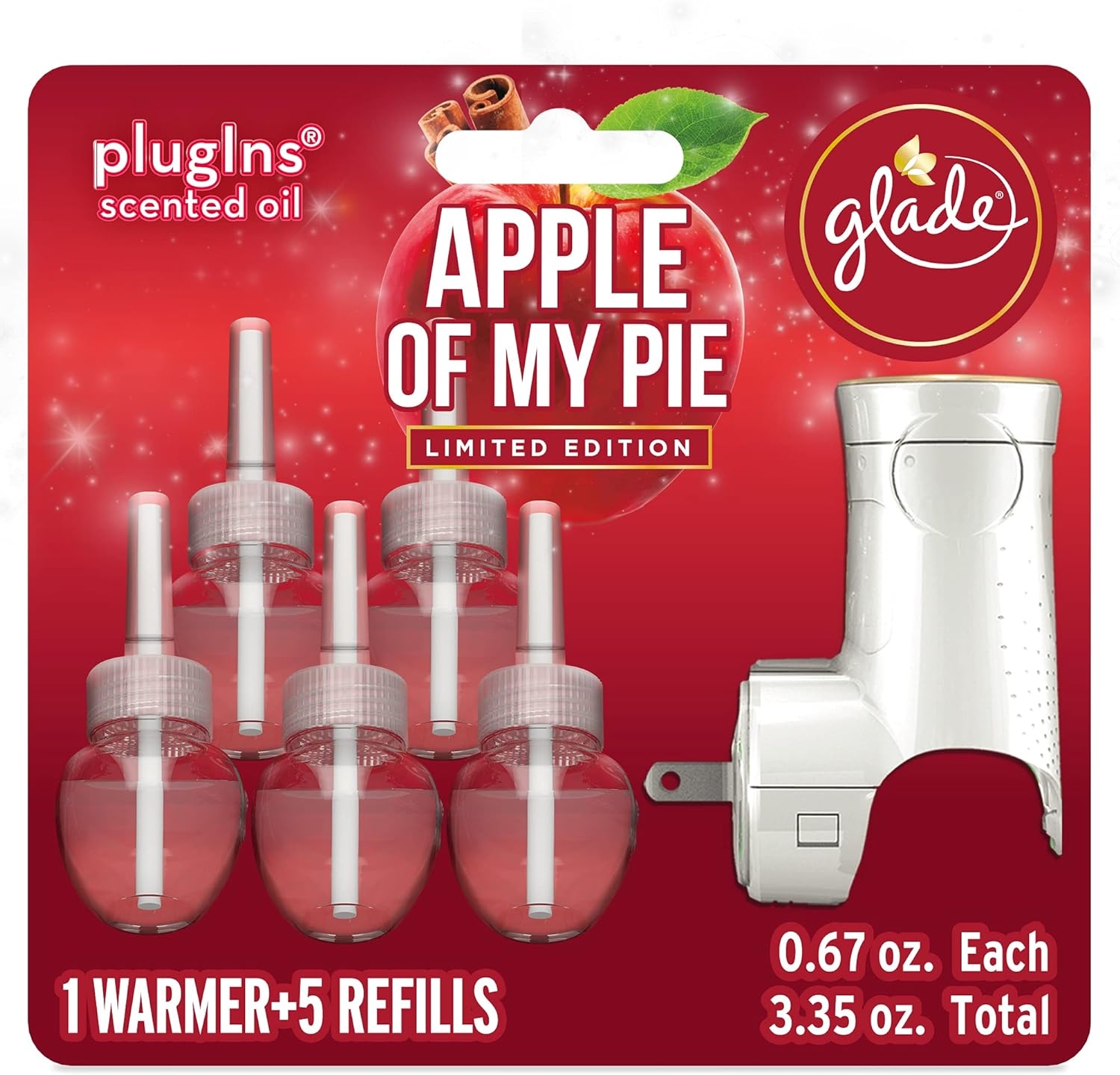Glade PlugIns Refills Air Freshener Starter Kit, Scented and Essential Oils for Home and Bathroom, Apple of My Pie, 3.35 Fl Oz, 1 Warmer + 5 Refills
