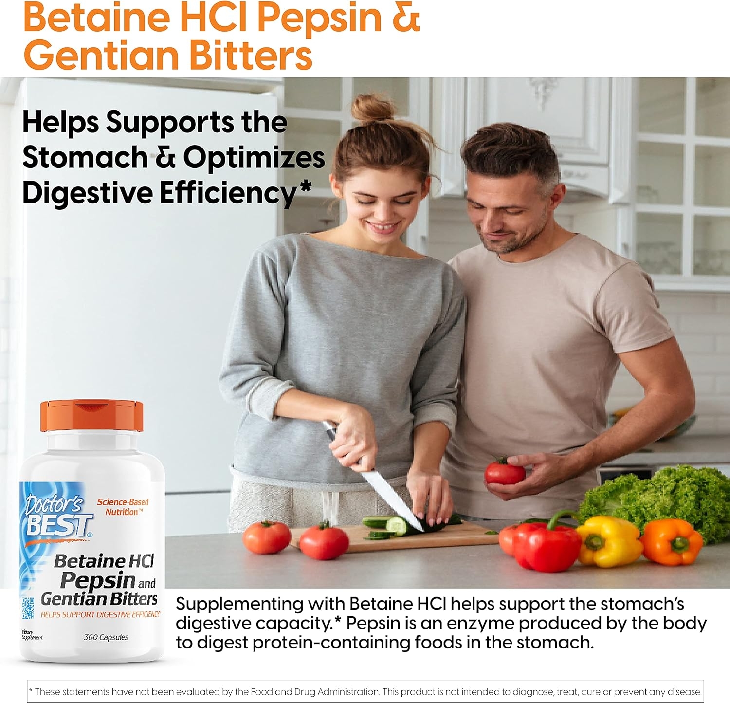 Doctor's Best Betaine HCI Pepsin & Gentian Bitters, Digestive Enzymes for Protein Breakdown & Absorption, Non-GMO, Gluten Free, 360 Count (Pack of 1)
