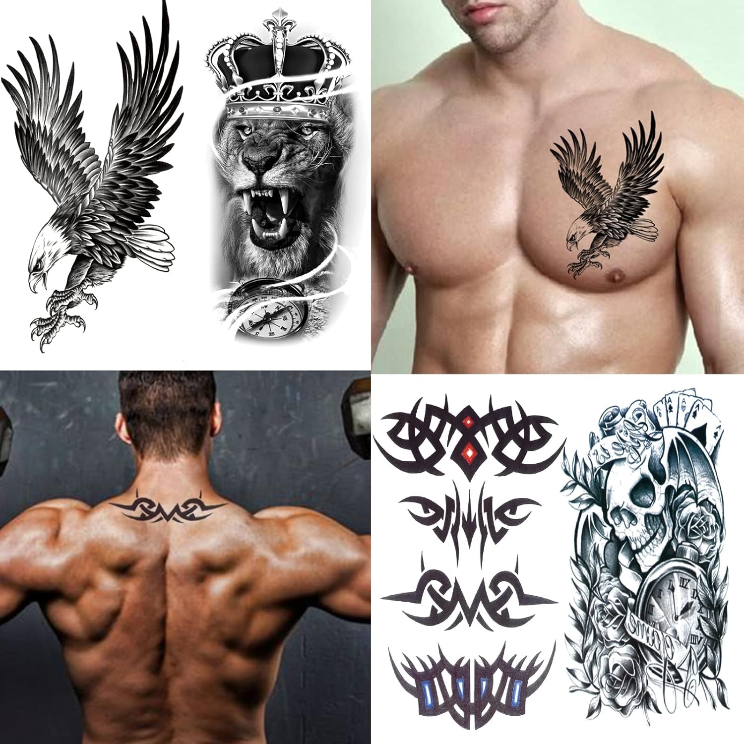 62 Sheets Temporary Tattoos Stickers, Fake Body Arm Chest Shoulder Tattoos for Men and Women, Halloween Temporary Tattoos Black Fake Skull Skeleton Tattoos for Halloween Cosplay
