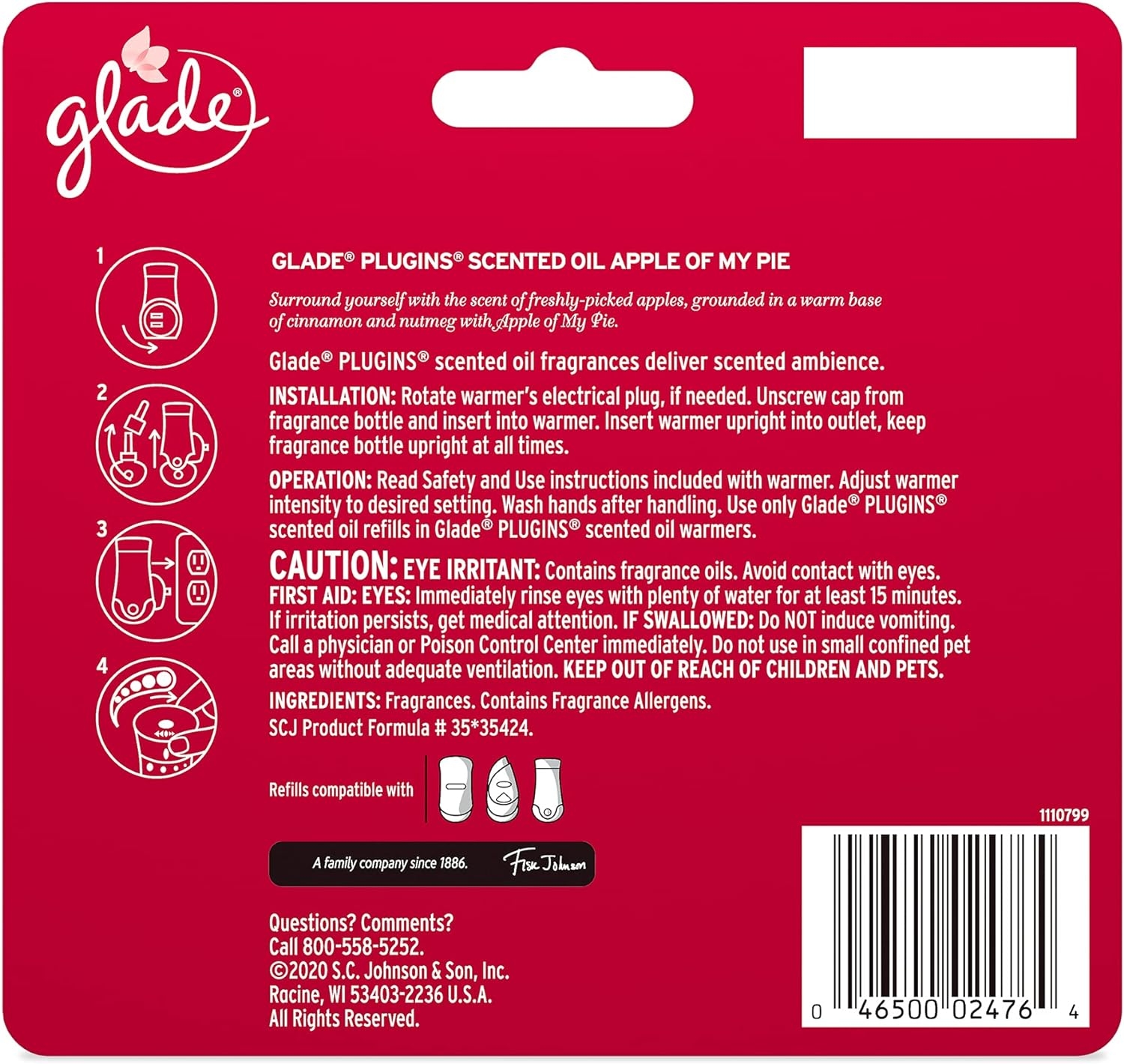 Glade PlugIns Refills Air Freshener Starter Kit, Scented and Essential Oils for Home and Bathroom, Apple of My Pie, 3.35 Fl Oz, 1 Warmer + 5 Refills