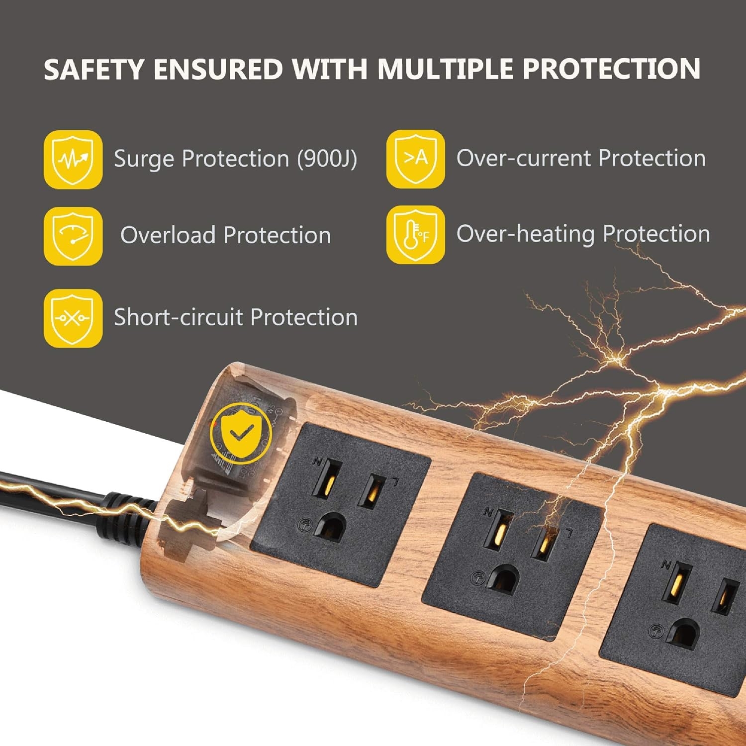 SUPERDANNY 9.8ft Surge Protector Power Strip Wood Grain Desktop Charging Station Extension Cord 3 Outlet 2 USB Fire-Retardant with Fastening Cable Tie for iPhone iPad Computer Home Office
