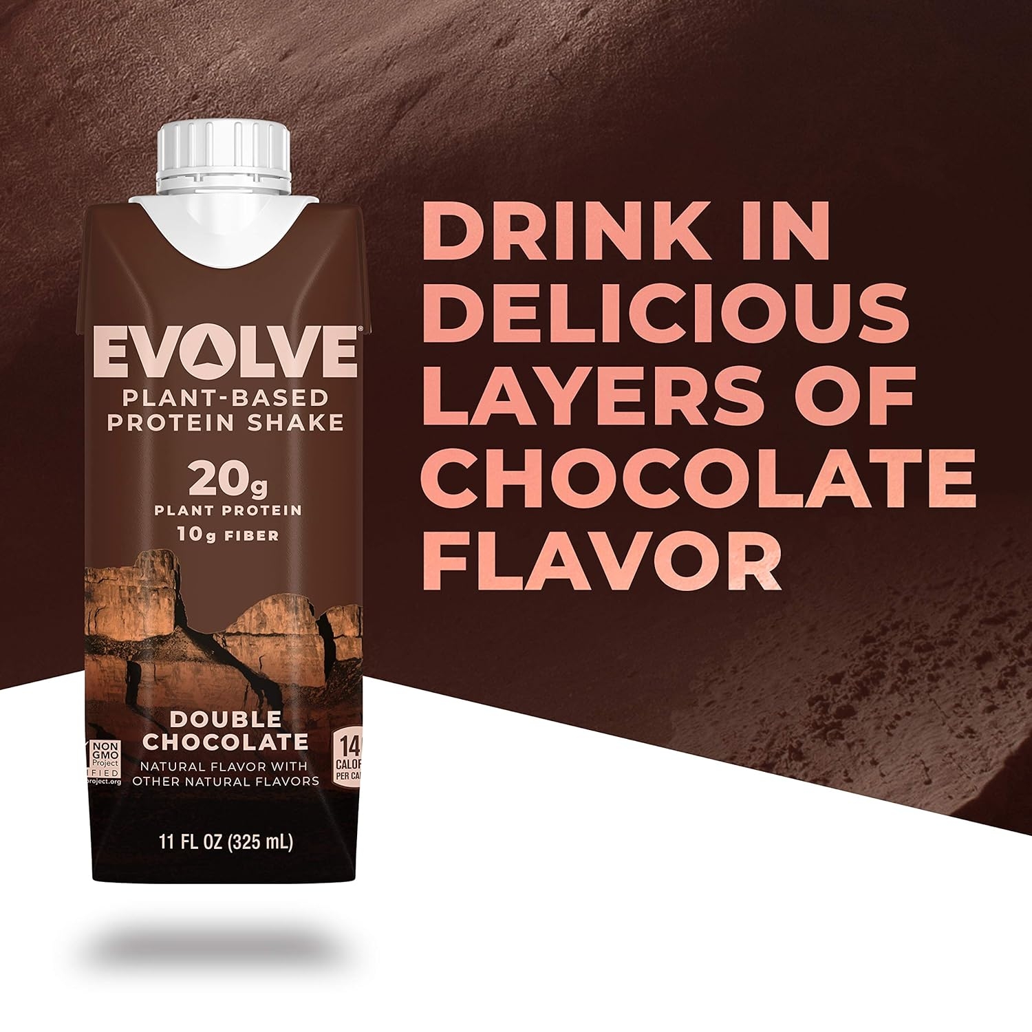 Evolve Plant Based Protein Shake, Double Chocolate, 20g Vegan Protein, Dairy Free, No Artificial Sweeteners, Non-GMO, 10g Fiber, 11oz, (12 Pack) (Formula May Vary)
