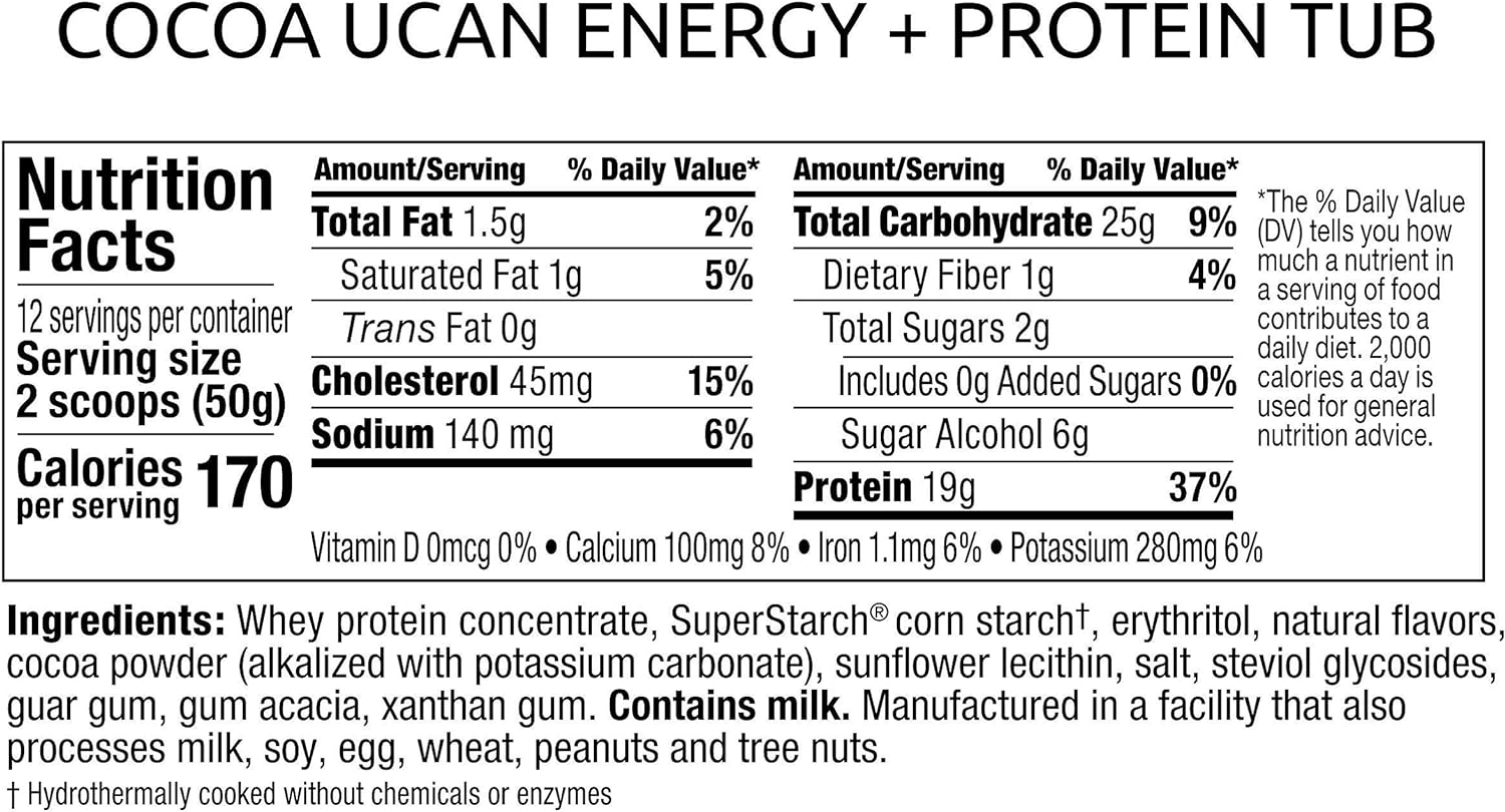 UCAN Energy + Whey Protein Powder (19g) - Pre & Post Protein Powder with Energy Boost - Keto, No Added Sugar, Gluten-Free - Cookies & Cream - 20 Servings