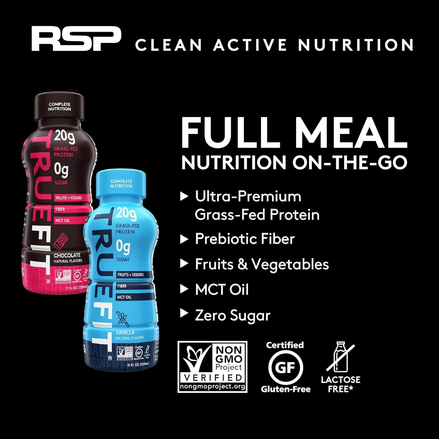 RSP NUTRITION TrueFit - Protein Shake & Meal Replacement, Grass-Fed Protein Drink with Organic Real Food, Probiotics, Zero Sugar, Lactose Free, Gluten Free, Chocolate, 12 Count