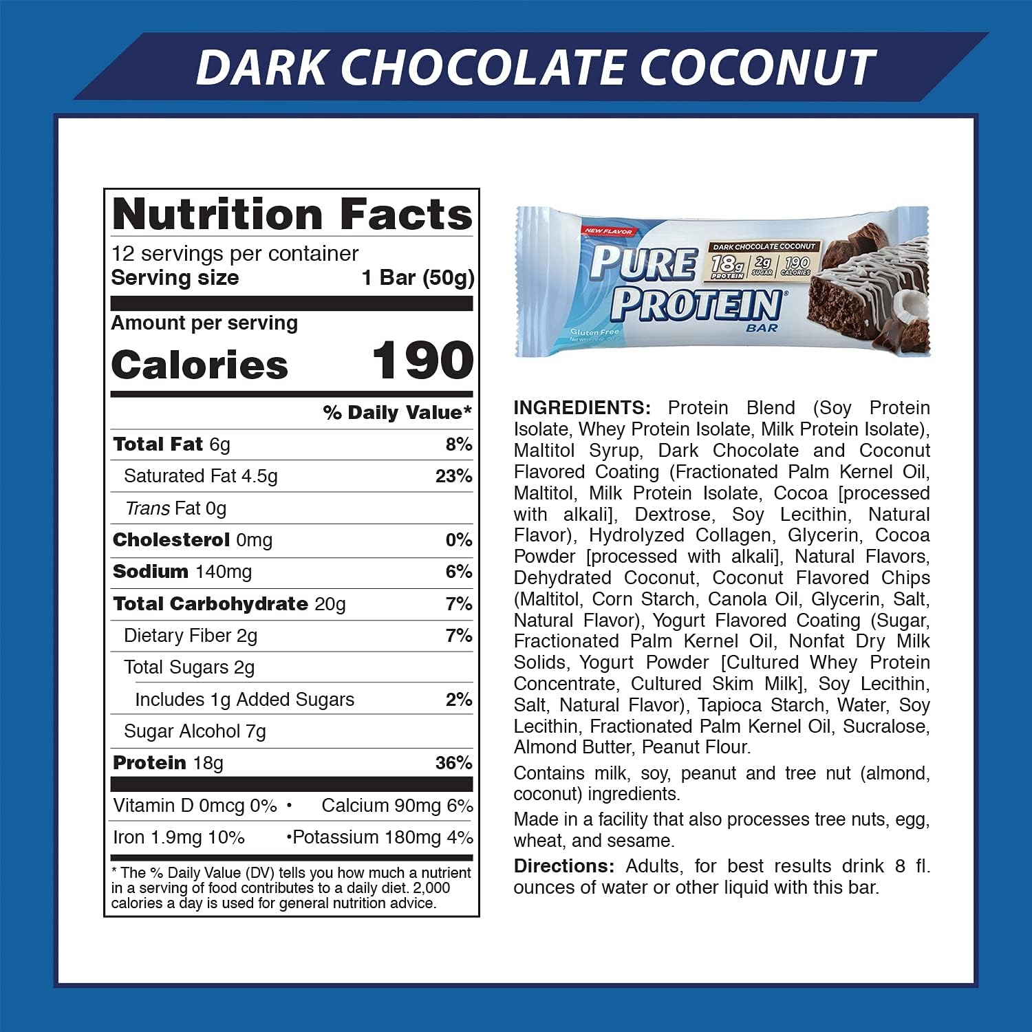 Pure Protein Dark Chocolate Coconut Protein Bars, 1.76 oz, 12 Count