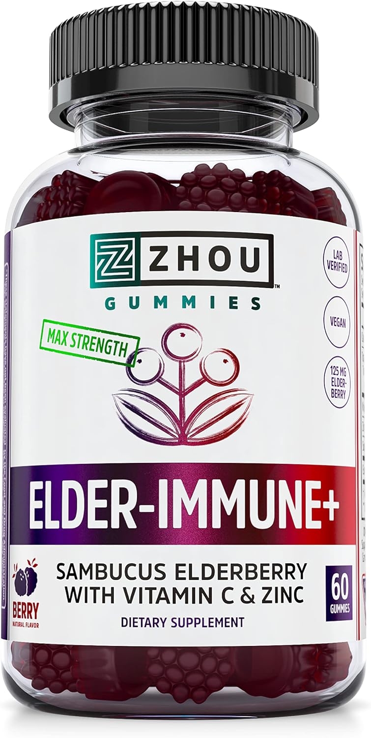Zhou Elder-Mune Sambucus Elderberry Gummies | Antioxidant Flavonoids, Immune Support, Zinc & Vitamin C Supplement | 30 Servings, 60 Gummies