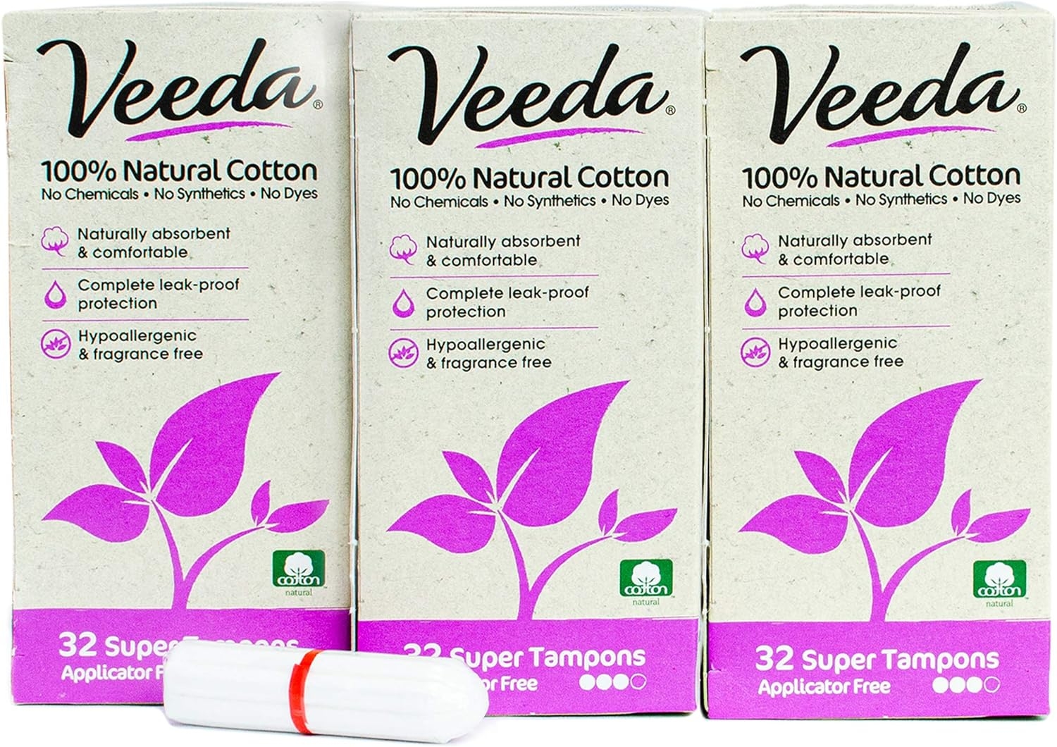 Veeda 100% Natural Cotton Applicator Free Super Tampons, Chlorine and Toxin Free, Unscented, 3 Packs of 32 Count Each