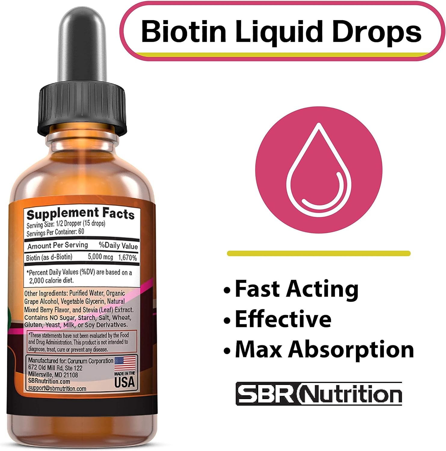 Biotin Liquid Drops (Mixed Berry) Max Absorption Biotin Liquid Drops, 5000 mcg of Biotin Per Serving, 60 Serving, No Artificial Preservatives, Vegan Friendly, Supports Healthy Hair Growth, Strong Nail