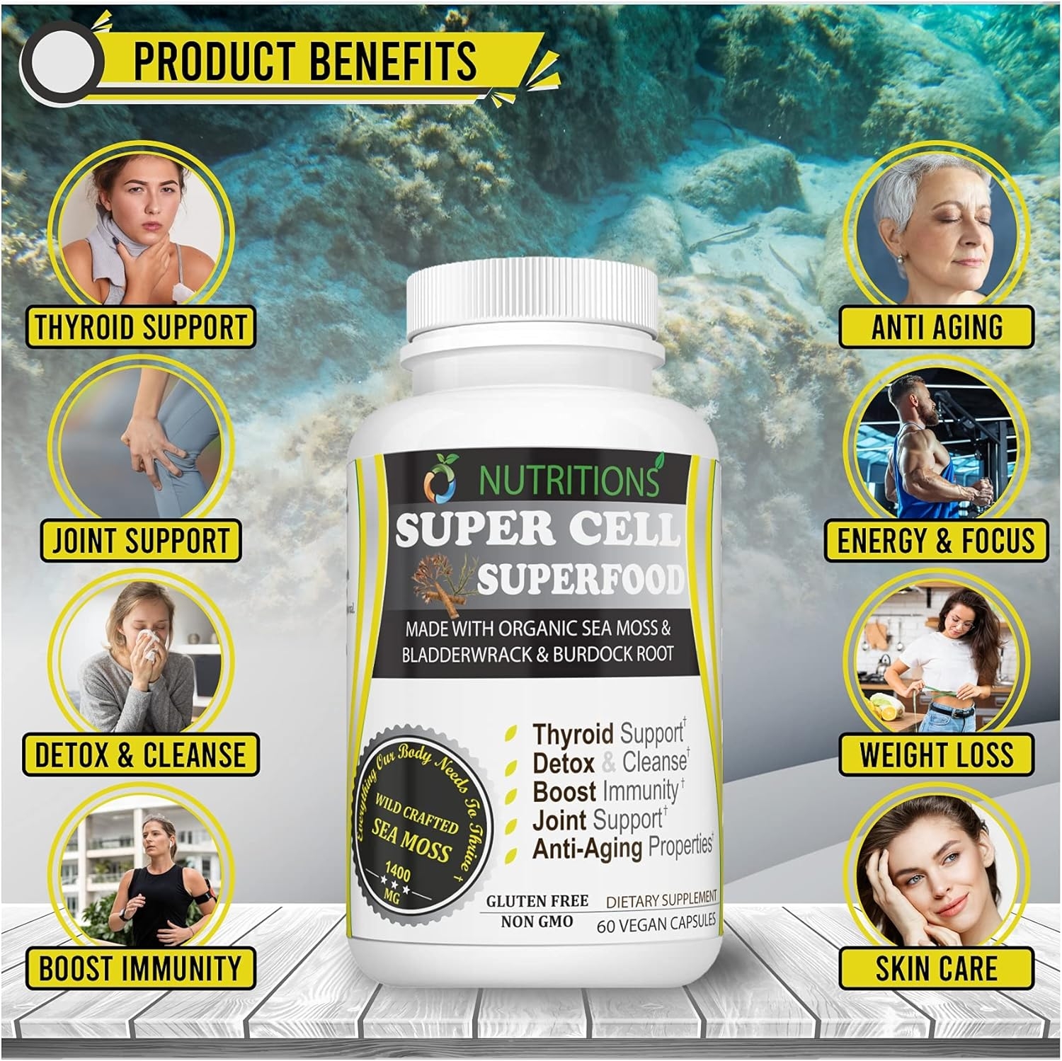 O Nutritions Certified Organic Sea Moss, Super Cell Superfood Made with Organic Irish Sea Moss, Bladderwrack and Burdock Root, Wildcrafted Sea Moss Capsules, Vegan Seamoss Pill (Super Cell Superfood)