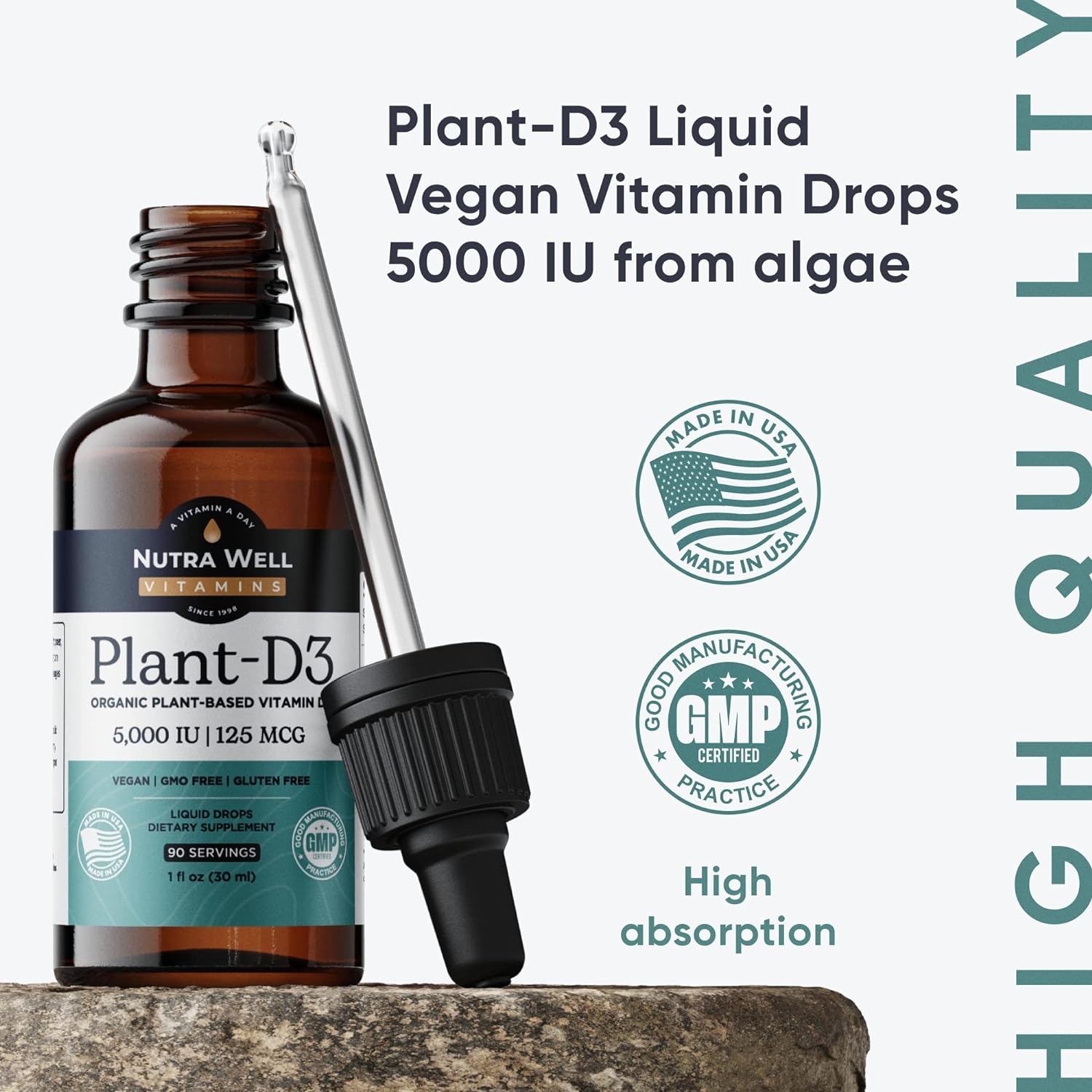 Vitamin D3 Liquid Drops 5000 IU for Nervous System&Immune Support - Vegan Organic Plant-Based Vitamin D3 for All Ages Supplement - Non-GMO, Gluten Free (90 Servings)