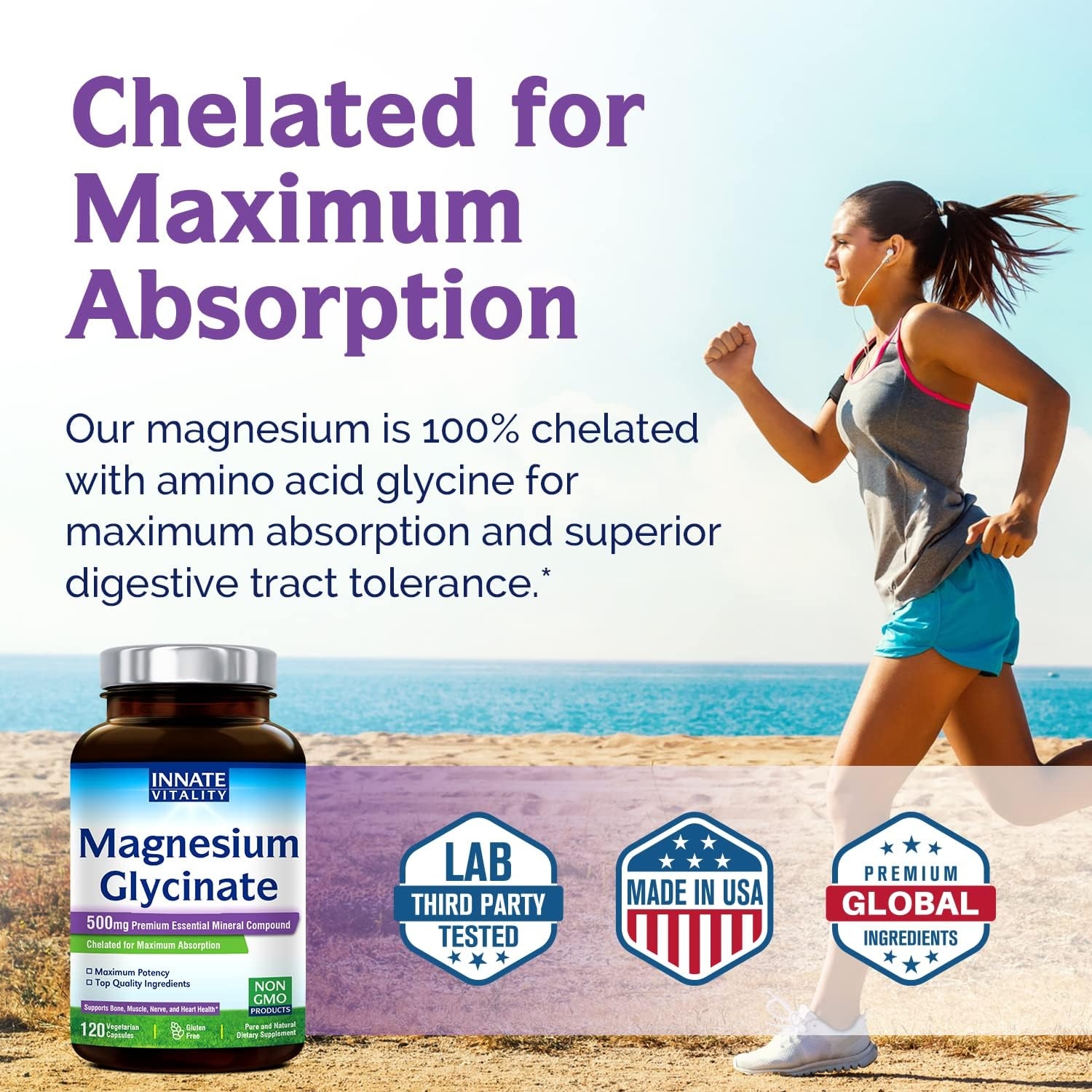 Magnesium Glycinate 500mg per Caps, 120 Veggie Caps, Chelated for Maximum Absorption, Non-GMO, NO Gluten Dairy & Soy, Supports Muscle, Joint, and Heart Health