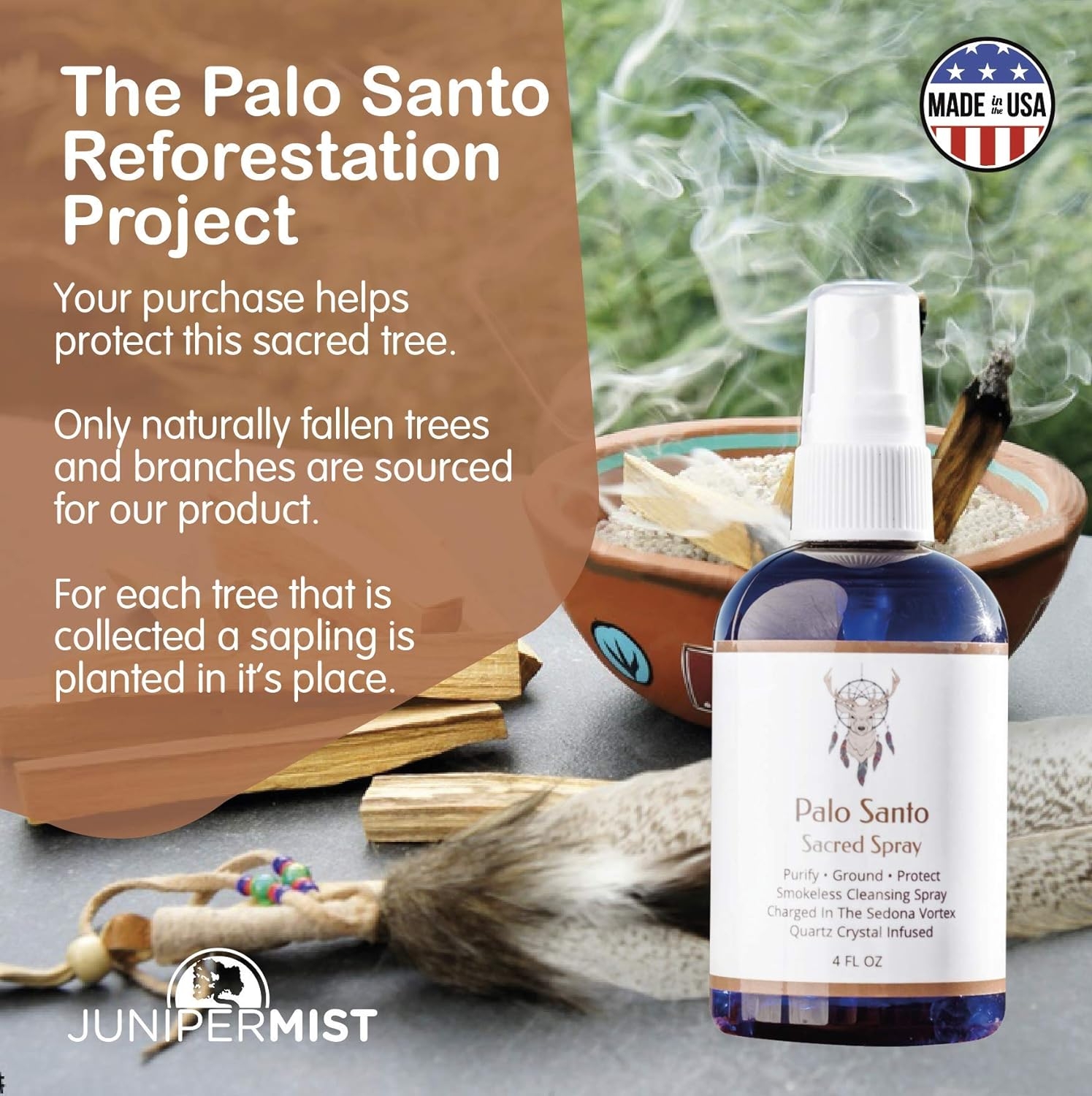 Palo Santo Smudge Spray for Cleansing and Clearing Energy (4 Ounce) Liquid Blend Alternative to Incense, Sticks, Wood Or Candles, Handmade in The USA with Pure Essential Oils and Real Quartz Crystals