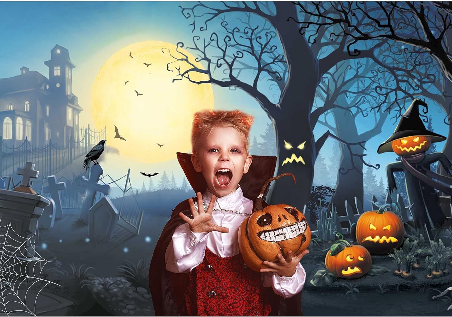 GiuMsi 7X5FT Polyester Halloween Backdrop for Photography Moonlight Horrible Graveyard Pumpkin Background Party Decoration Portrait Pictures Props Photoshoot Studio Banner