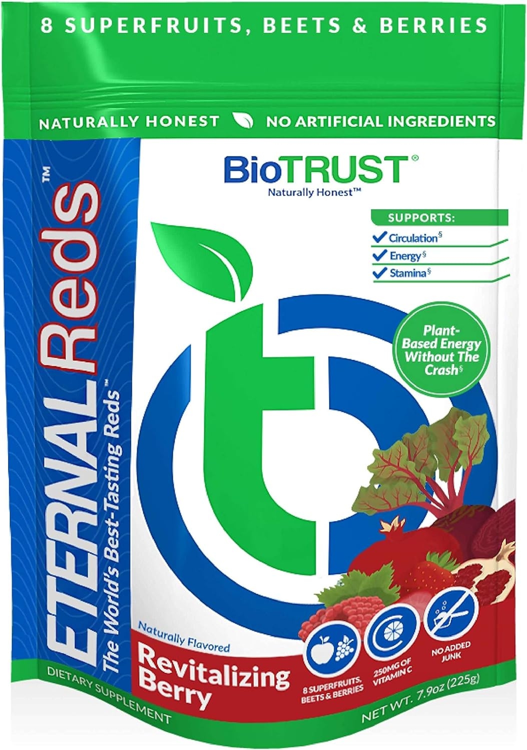 BioTrust Eternal Reds, Red Superfoods Powder, Support for Healthy Circulation, Energy, Stamina, No Added Sugar or Caffeine, Naturally Flavored and Sweetened, Berry Flavor (30 Servings)