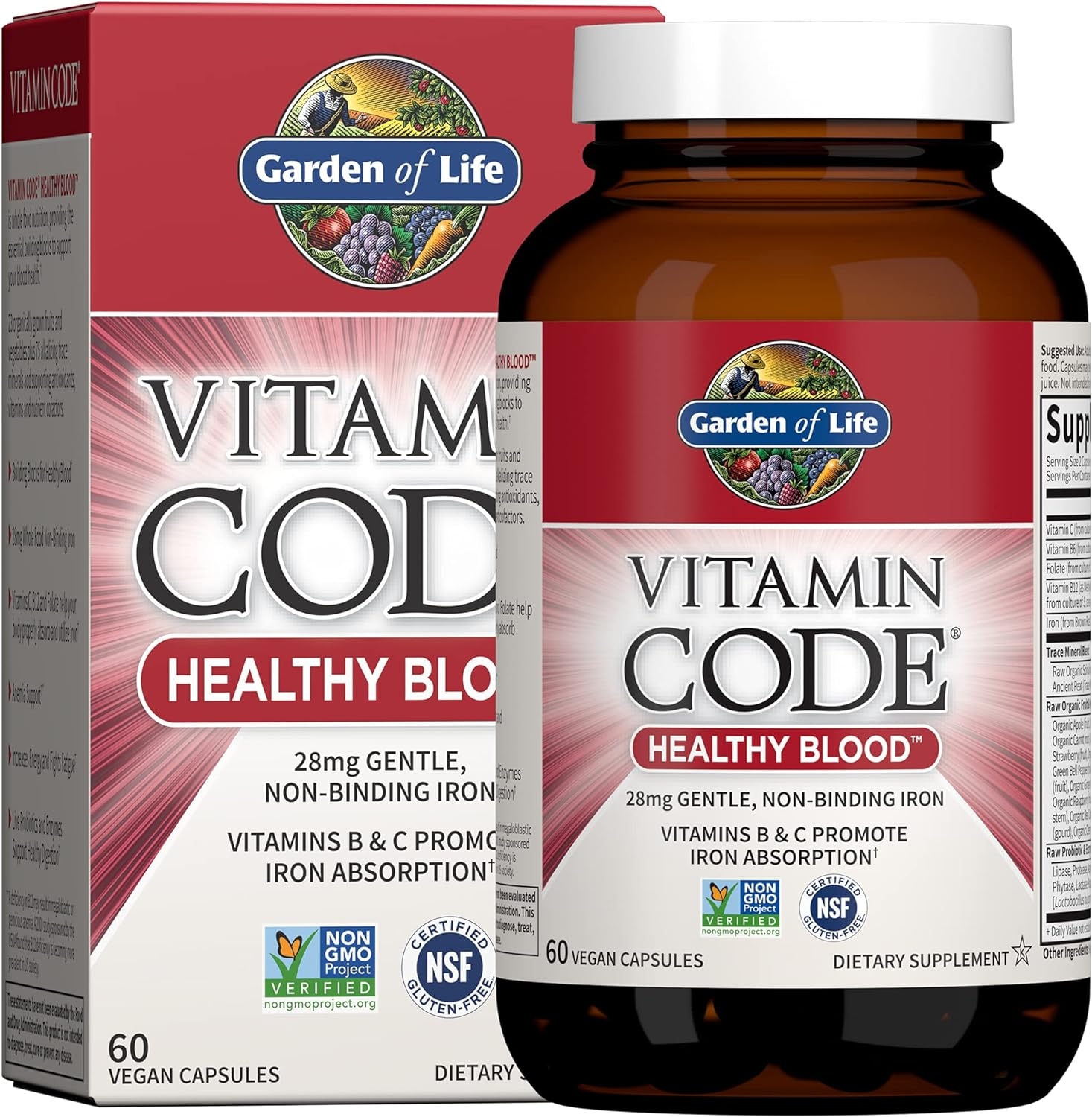 Garden of Life Vitamin Code Iron Supplement, Healthy Blood - 60 Vegan Capsules, 28g Iron, Vitamins B, C, Trace Minerals, Fruit Veggies & Probiotics, Iron Supplements for Women Energy & Anemia Support