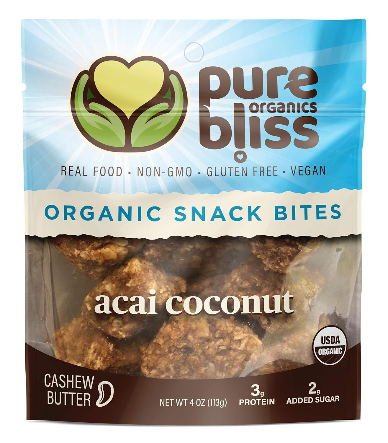 Organic Super Food Energy Bites - Acai Coconut - Non-GMO, Gluten Free, Vegan, Whole Food Healthy Snack Bites, Dairy Free, Soy Free Pure Bliss Organics: Acai Coconut Cashew Butter (3 pack - 4oz each)