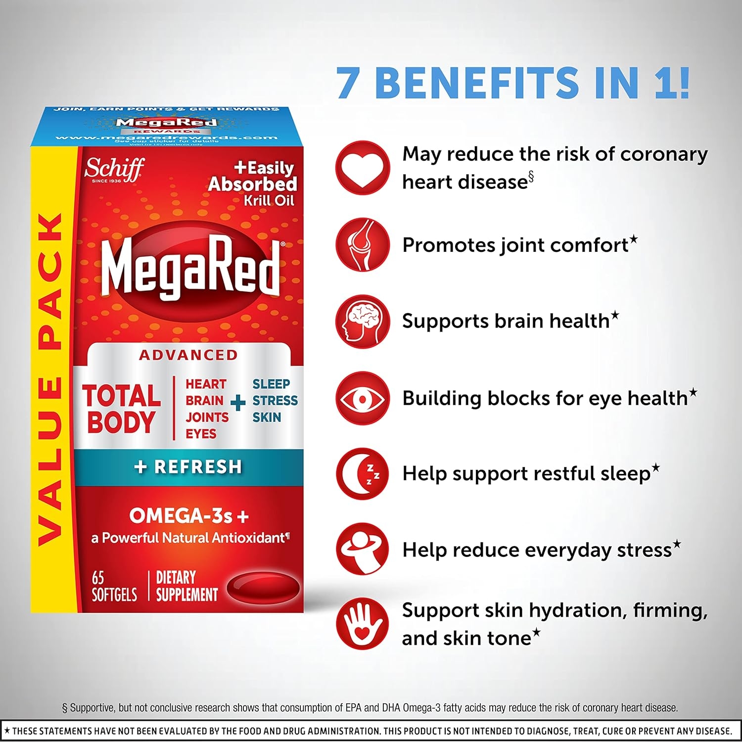Omega-3 Blend Total Body + Refresh 500mg Softgels, MegaRed (65 count in a bottle), Easily Absorbed Krill Oil, To Support Your Heart, Joints, Brain & Eyes
