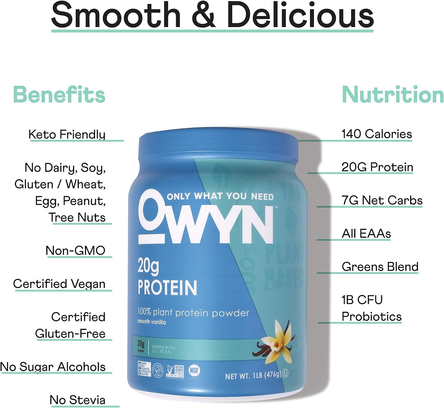 OWYN Only What You Need Plant-Based Protein Powder, Smooth Vanilla, 1.05 lbs