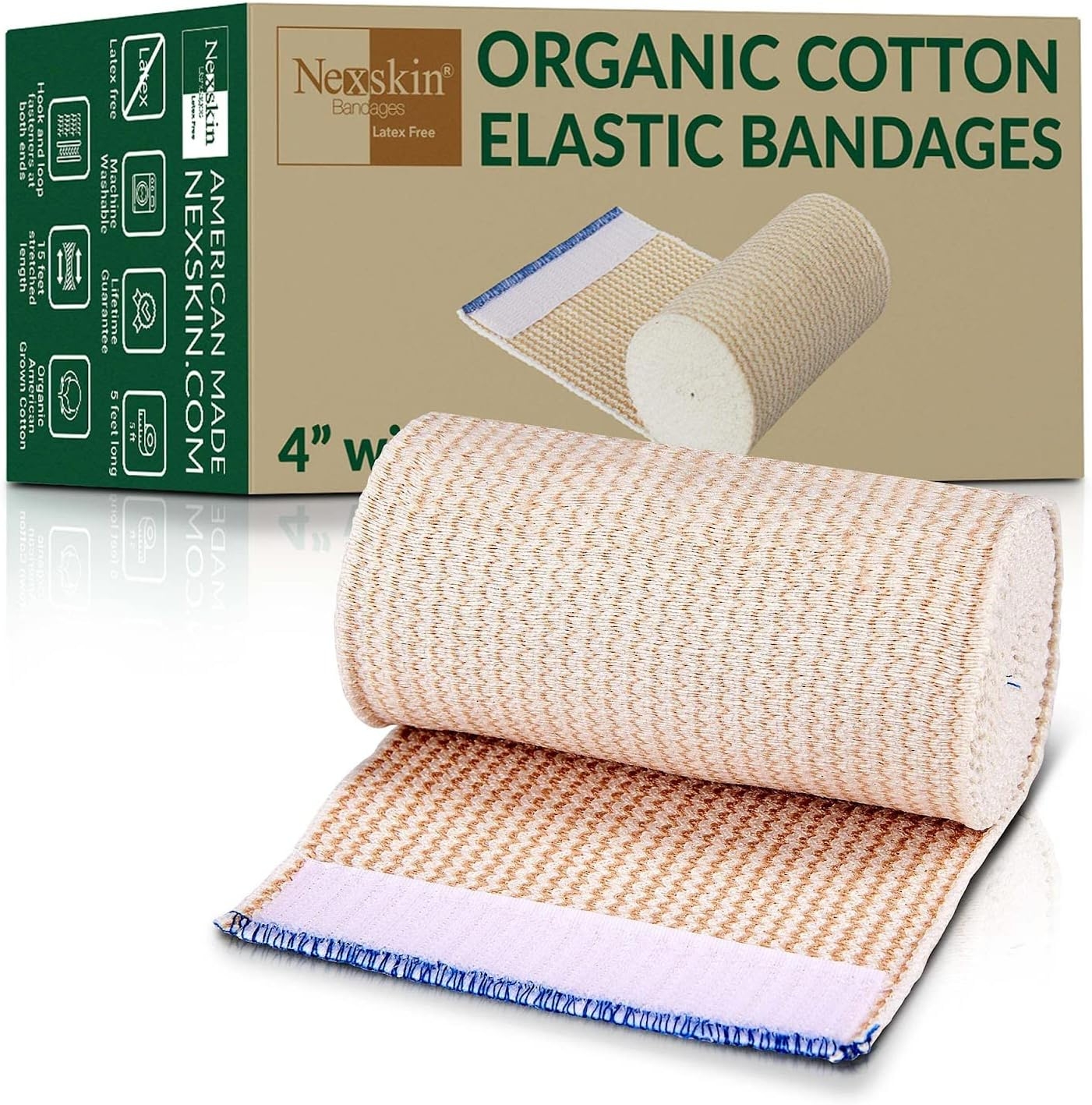 Nexskin (4” Wide, 1 Pack) | Latex Free Organic USA Cotton | Stretch Elastic Athletic/Medical Compression Wrap Hook & Loop Fasteners Both Ends | Lifetime Washable Reusable