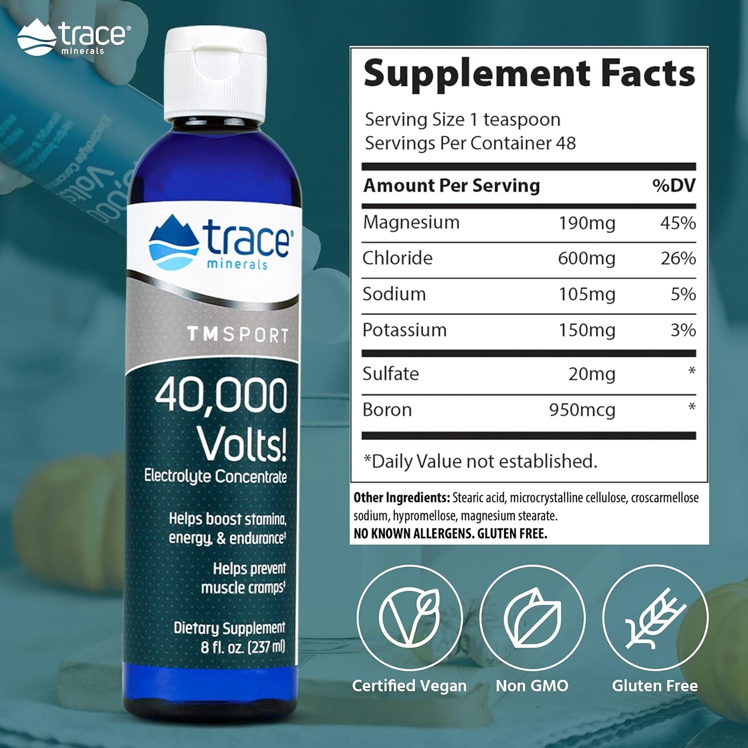 Trace Minerals – 40,000 Volts! (8oz) | Liquid Electrolyte Concentrate Drops | Relief of Dehydration, Leg & Muscle Cramps | Energy Support with Magnesium, Potassium, Sulfate, Boron & Trace Minerals
