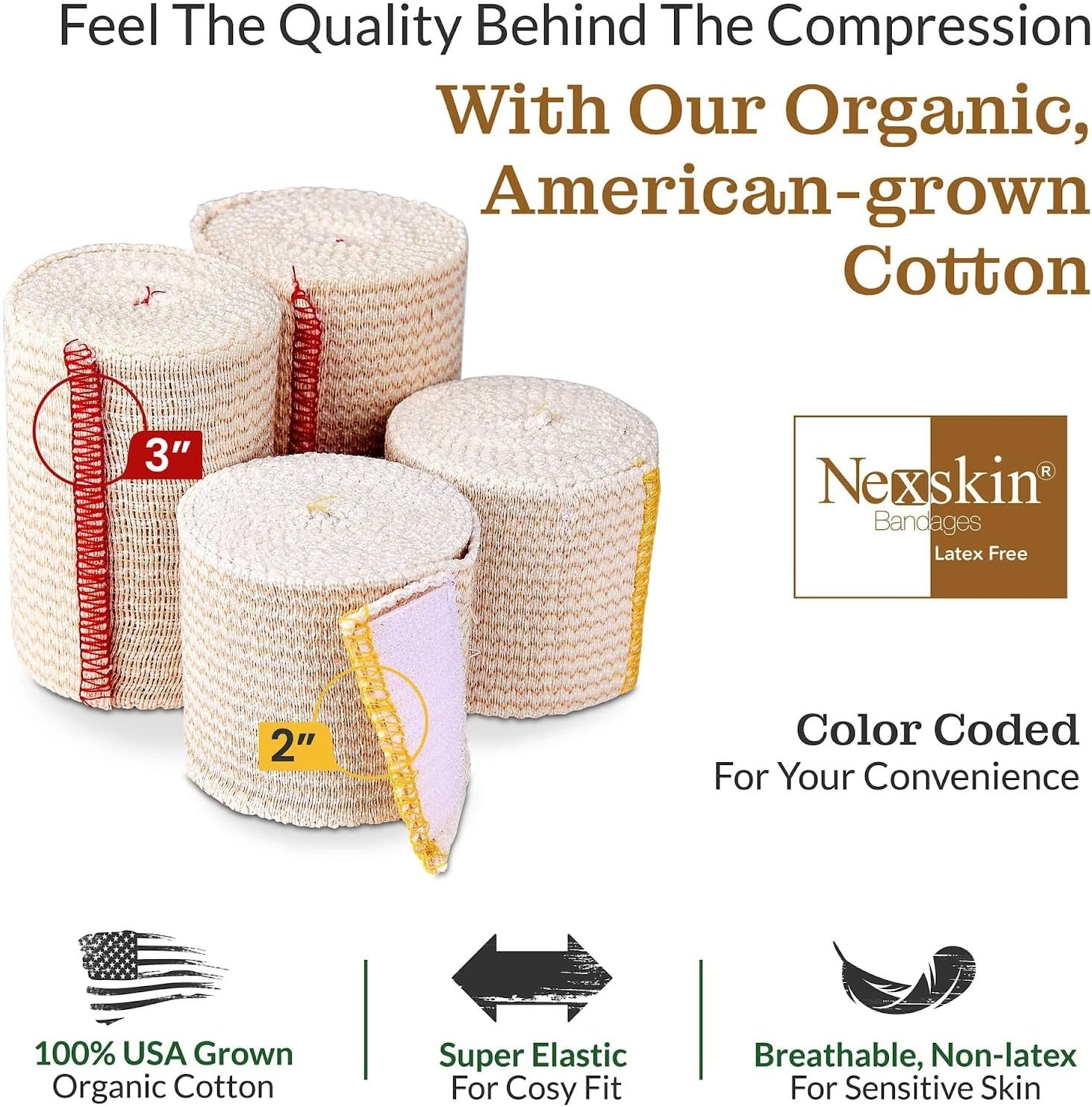 Nexskin (3” Wide, 1 Pack) | Latex Free Organic USA Cotton | Stretch Elastic Athletic/Medical Compression Bandage Hook & Loop Fasteners Both Ends | Lifetime Washable Reusable