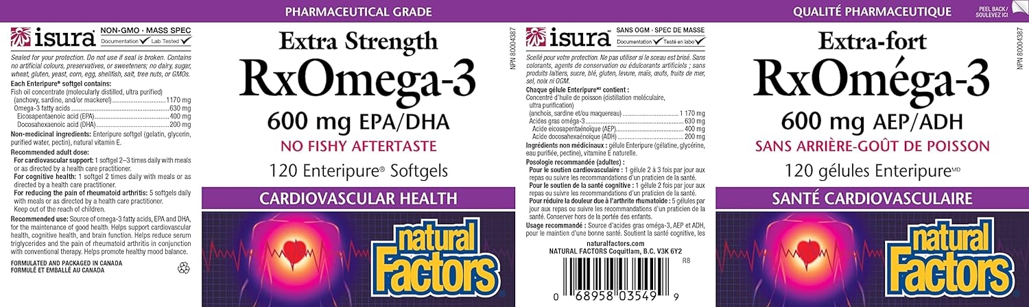 RxOmega-3 by Natural Factors, Natural Support for Cardiovascular Health with DHA and EPA, Daily Dietary Supplement, 120 Enteripure Softgels (120 servings)