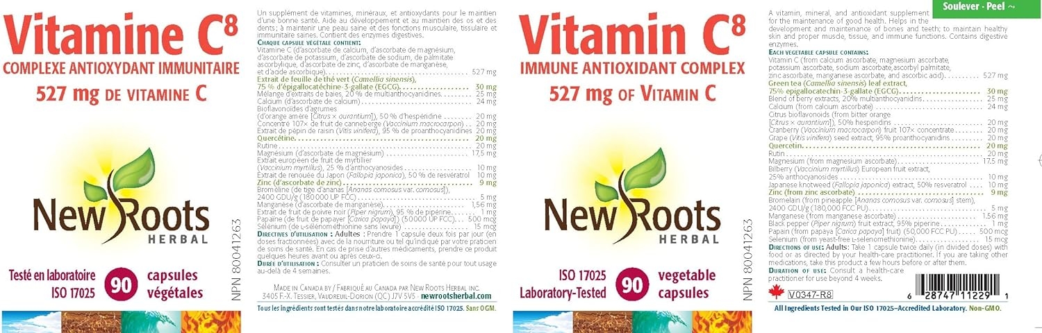 Vitamin C8, 527mg per Portion (90 Veg Caps) – 8 Sources of Vitamin C with Bioflavonoids, Green Tea & Zinc – Powerful Immune Support