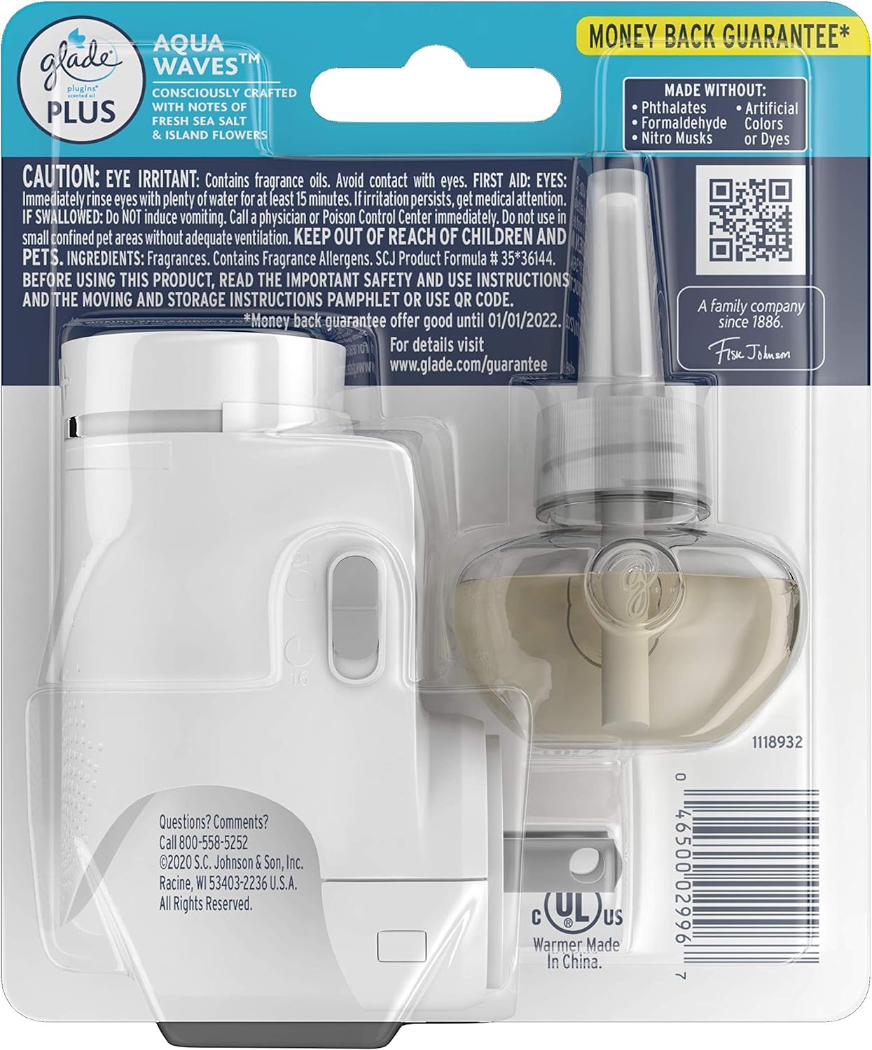 Glade PlugIn Plus Air Freshener Starter Kit, Scented Oil for Home and Bathroom, Aqua Waves, 0.67 Fl Oz, 1 Warmer + 1 Refill