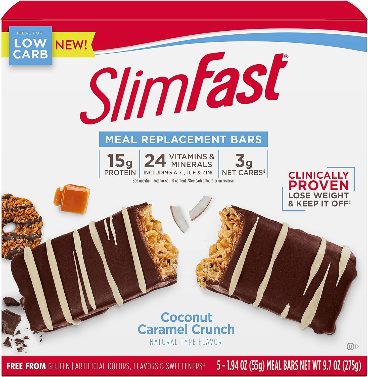 SlimFast Meal Replacement Bar, Coconut Caramel Crunch, 15g of Protein for Weight Loss, 5 Count Box