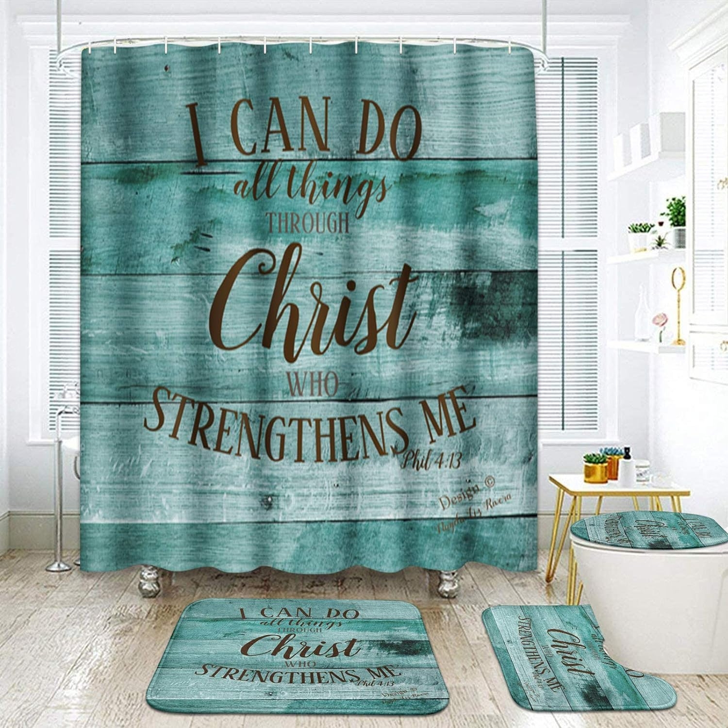 ArtSocket 4 Pcs Shower Curtain Set I Can Do All Thing Rustic Wooden Pattern Green Vintage Bright Retro with Non-Slip Rugs Toilet Lid Cover and Bath Mat Bathroom Decor Set 72" x 72"