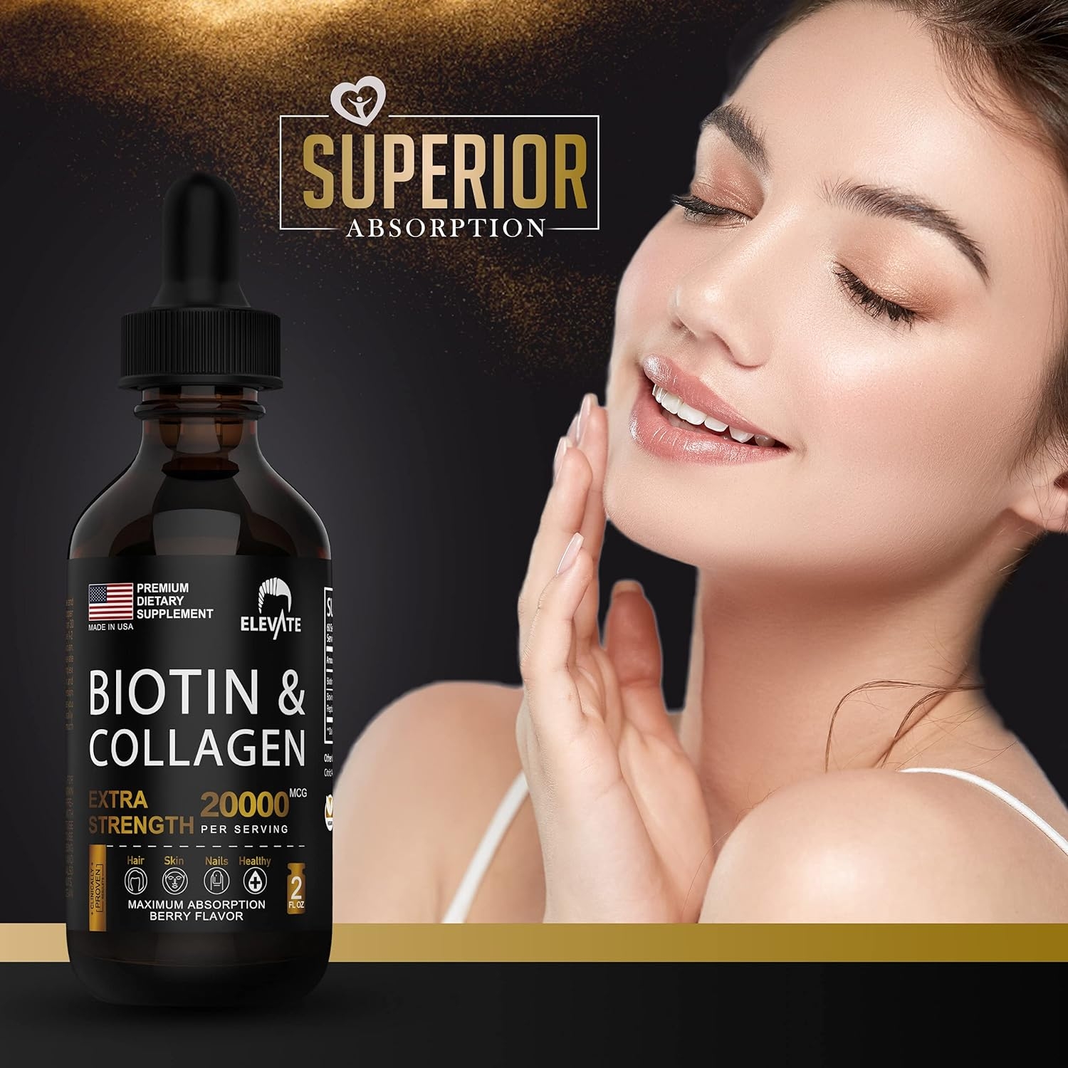 ELEVATE Biotin & Collagen Hair Growth Drops 20000mcg - Liquid Biotin 10000mcg & Collagen 10000mcg Natural Supplement for Best Absorption to Support Healthy Skin & Strong Nails - USA Made - Men & Women