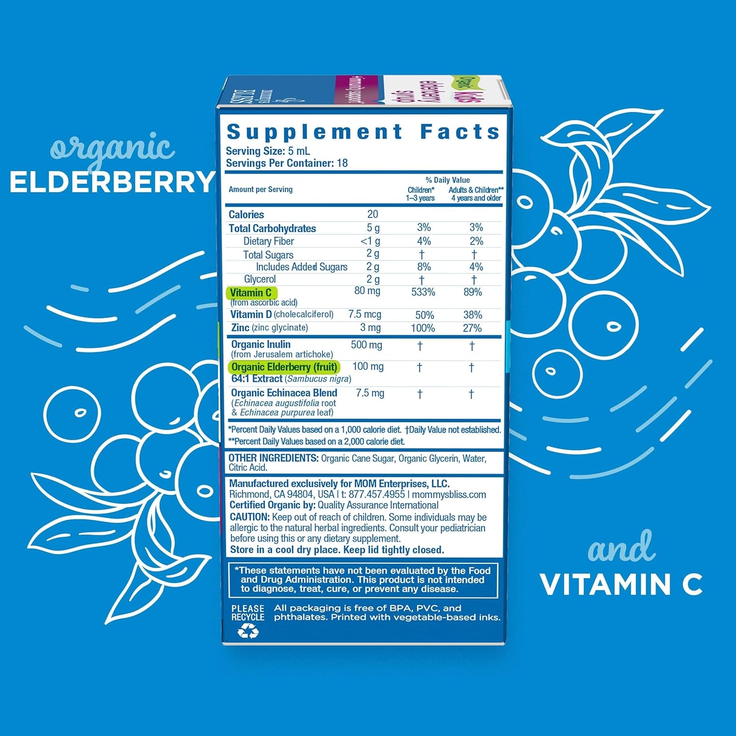 Mommy's Bliss Organic Elderberry Syrup & Immunity Boost With Vitamins, Prebiotics & Echinacea for Kids & Adults 1 yr+, 3 Fl Oz