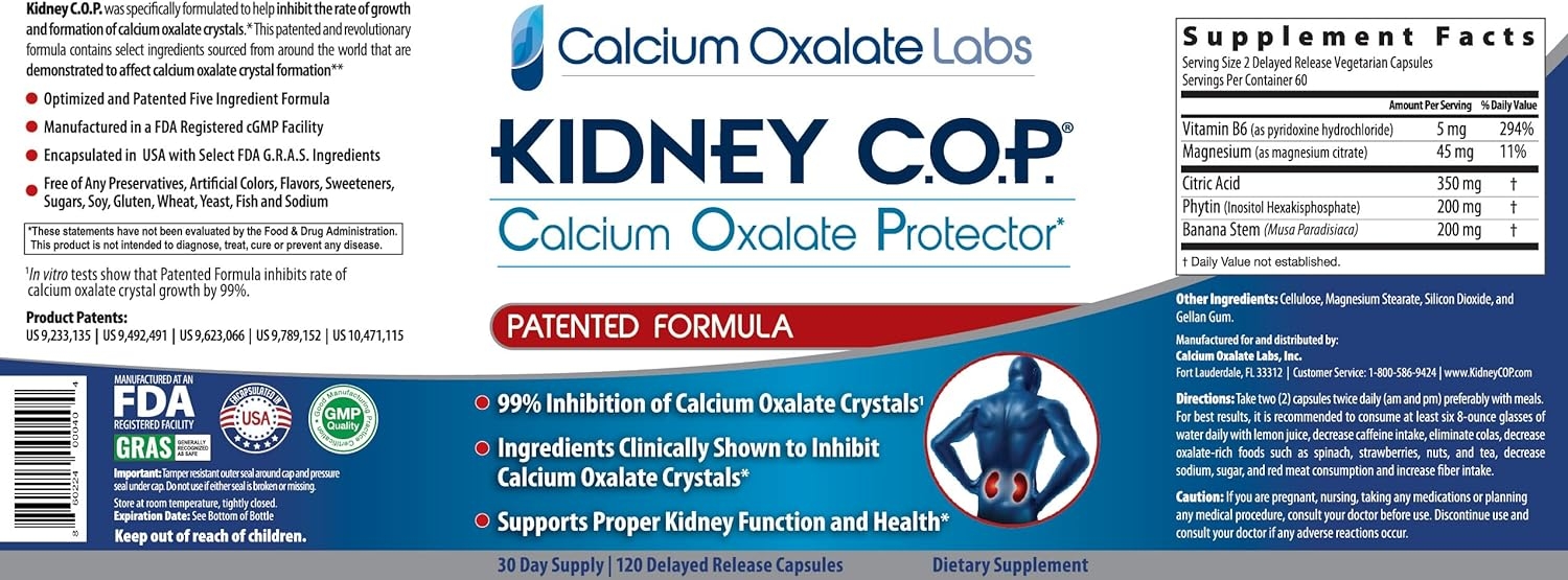 Kidney COP Calcium Oxalate Protector 120 Capsules, Patented Kidney Support for Calcium Oxalate Crystals, Helps Stops Recurrence of Stones, Stronger Than Chanca Piedra Stone Breaker Supplements