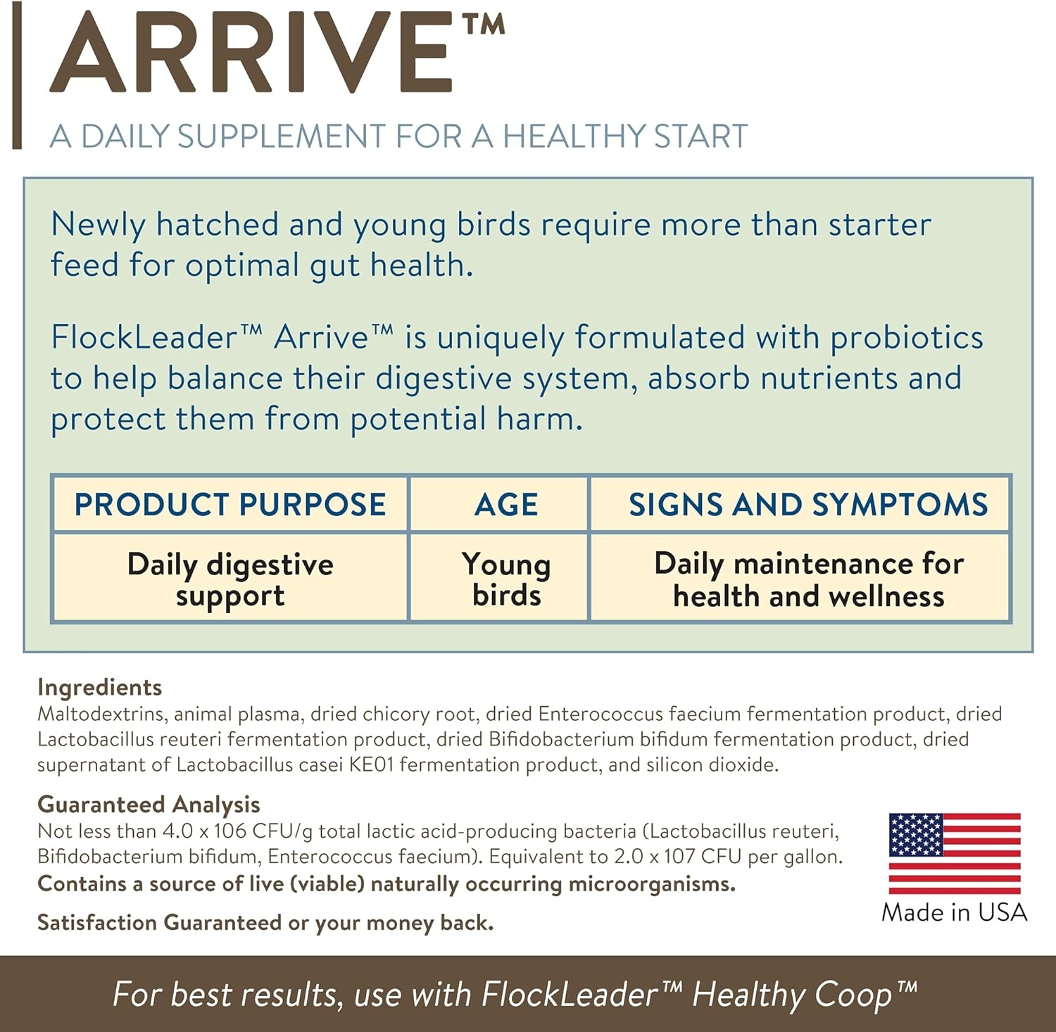 FlockLeader Arrive, Prebiotic Probiotic Supplement for Young Chickens, 0-8 Weeks, 8 OZ