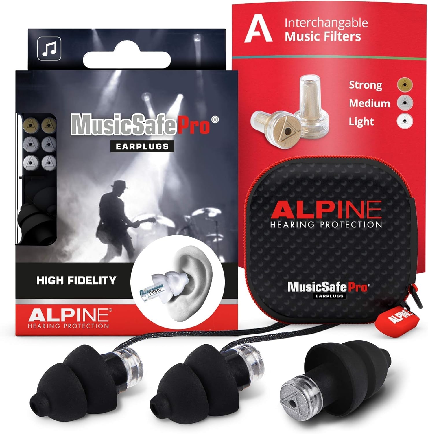 Alpine MusicSafe Pro High Fidelity Music Ear Plugs for Concert & Noise Reduction - 3 Premium Filter Sets - Professional Musicians, DJs Hearing Protection – Soft Hypoallergenic Reusable Black Earplugs