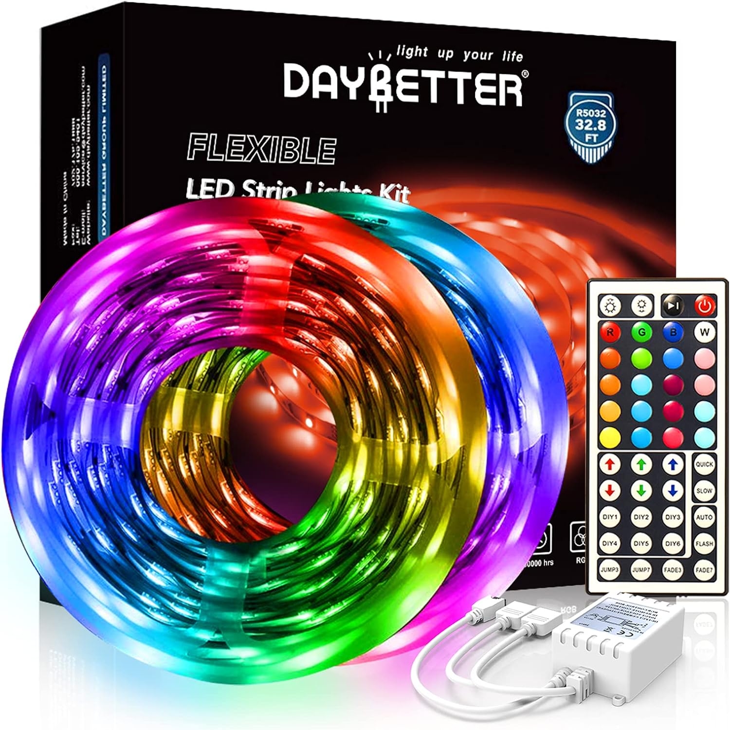 DAYBETTER Led Strip Lights 32.8ft 5050 RGB 300 LEDs Color Changing Lights Strip for Bedroom, Desk, Home Decoration, with Remote and 12V Power Supply
