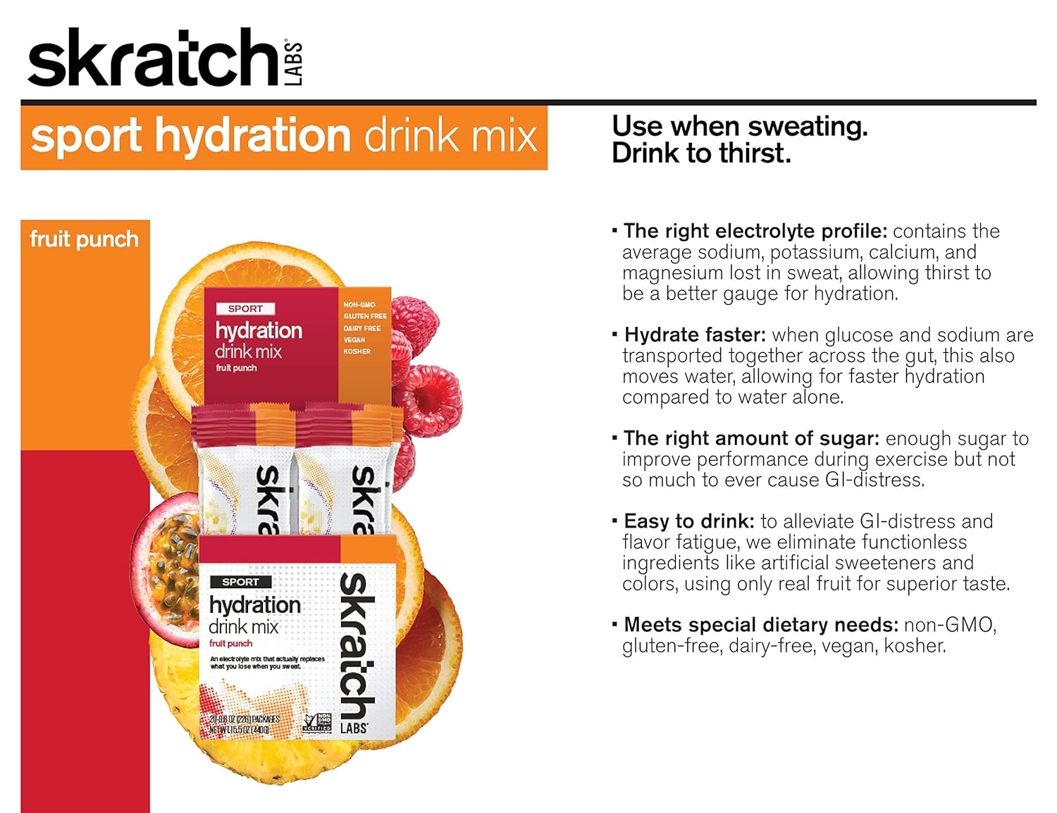 SKRATCH LABS Sport Hydration Drink Mix, Fruit Punch (20 Single Serving Packets) - Electrolyte Powder Developed for Athletes and Sports Performance, Gluten Free, Vegan, Kosher
