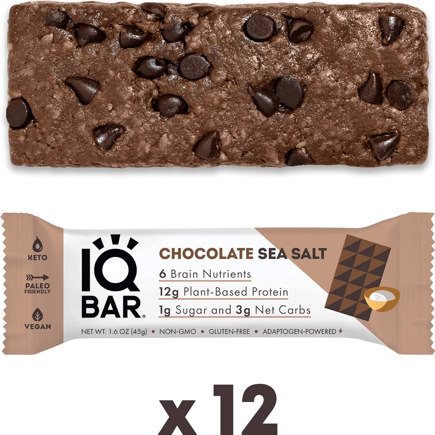 IQBAR Brain and Body Keto Protein Bars - Chocolate Sea Salt Keto Bars - 12-Count Energy Bars - Low Carb Protein Bars - High Fiber Vegan Bars and Low Sugar Meal Replacement Bars - Vegan Snacks